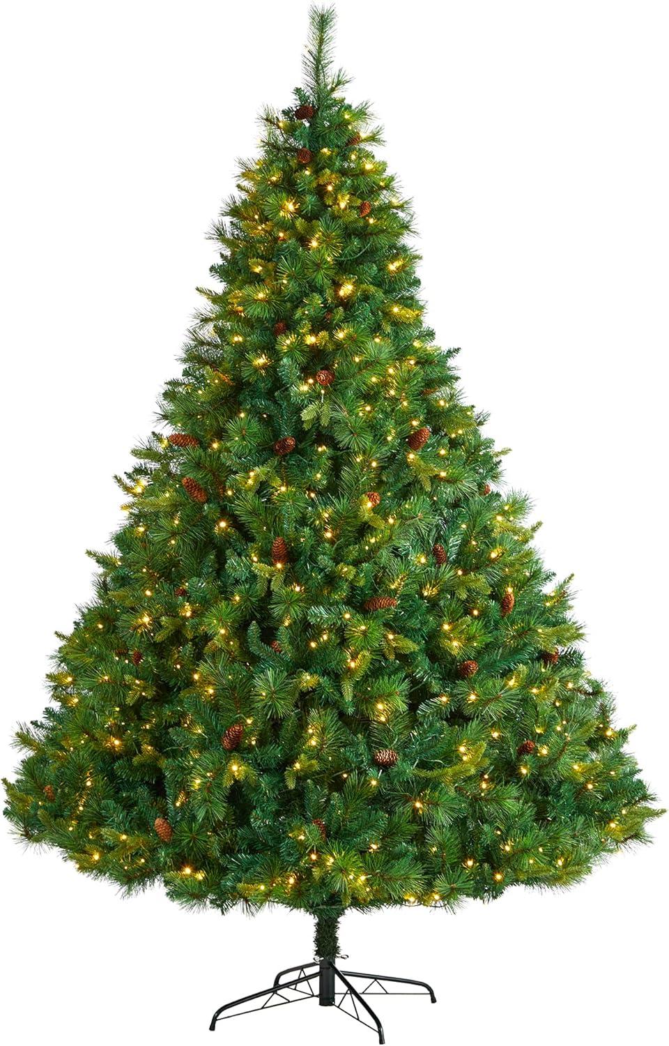 Nearly Natural 8’ West Virginia Full Bodied Mixed Pine Prelit LED Artificial Christmas Tree with Pine Cones