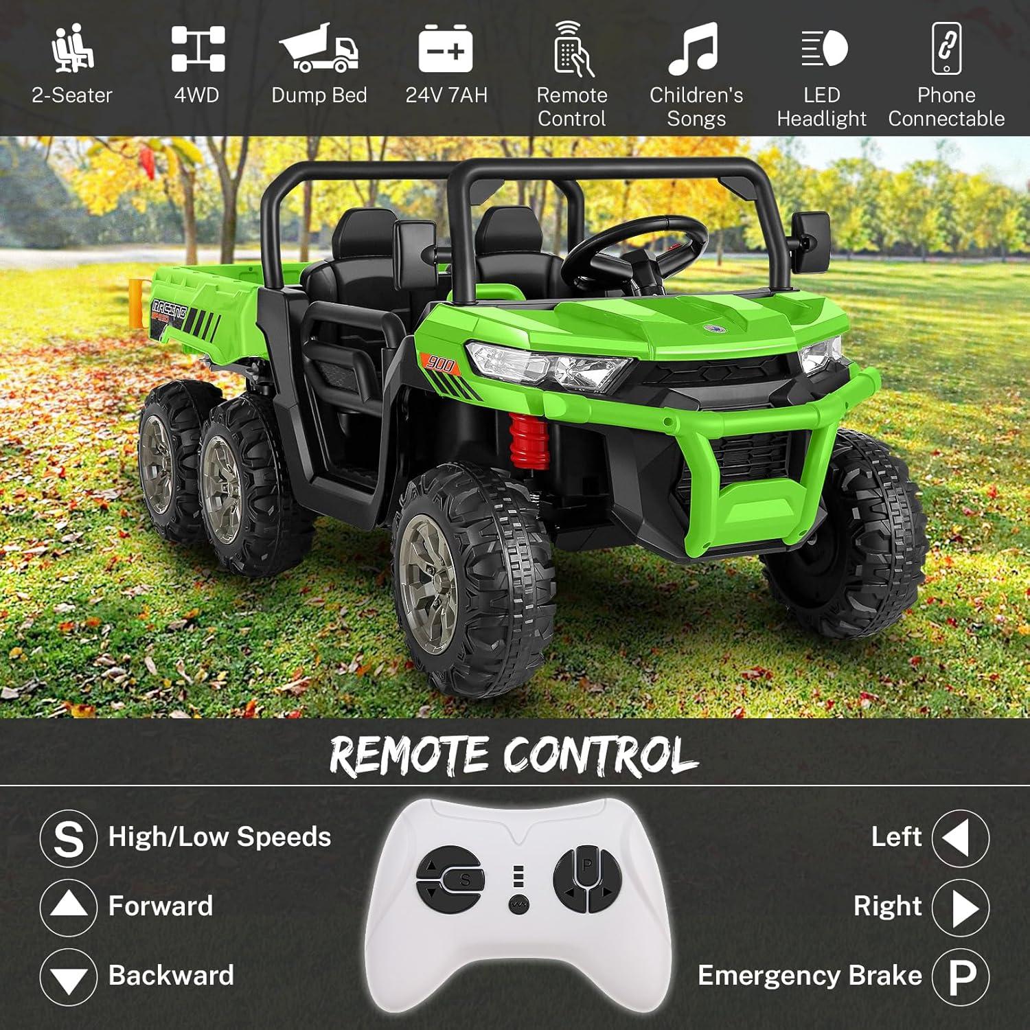 DreamDwell Home 4 Wheels 24V Ride on Dump Truck Toys 2 Seater Kids Ride On UTV Car with Remote Control,Electric Dump Bed