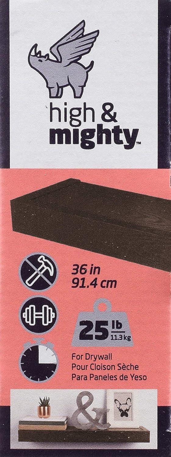 HIGH & MIGHTY Modern 36" Floating Shelf Holds up to 25lbs, Easy Tool-Free Dry Wall Installation, Flat, eCommerce Packaging, Espresso