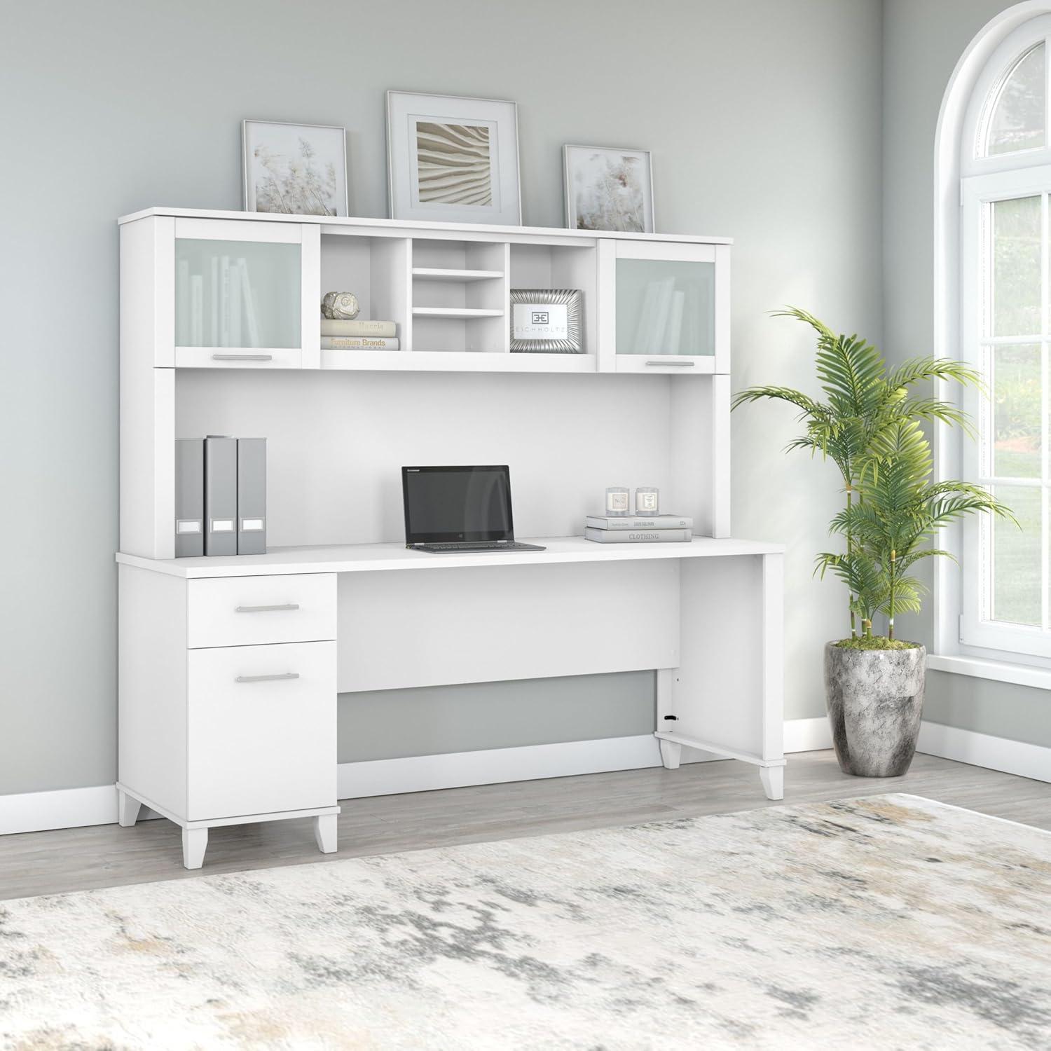 Somerset 72W Office Desk with Drawers and Hutch in White - Engineered Wood