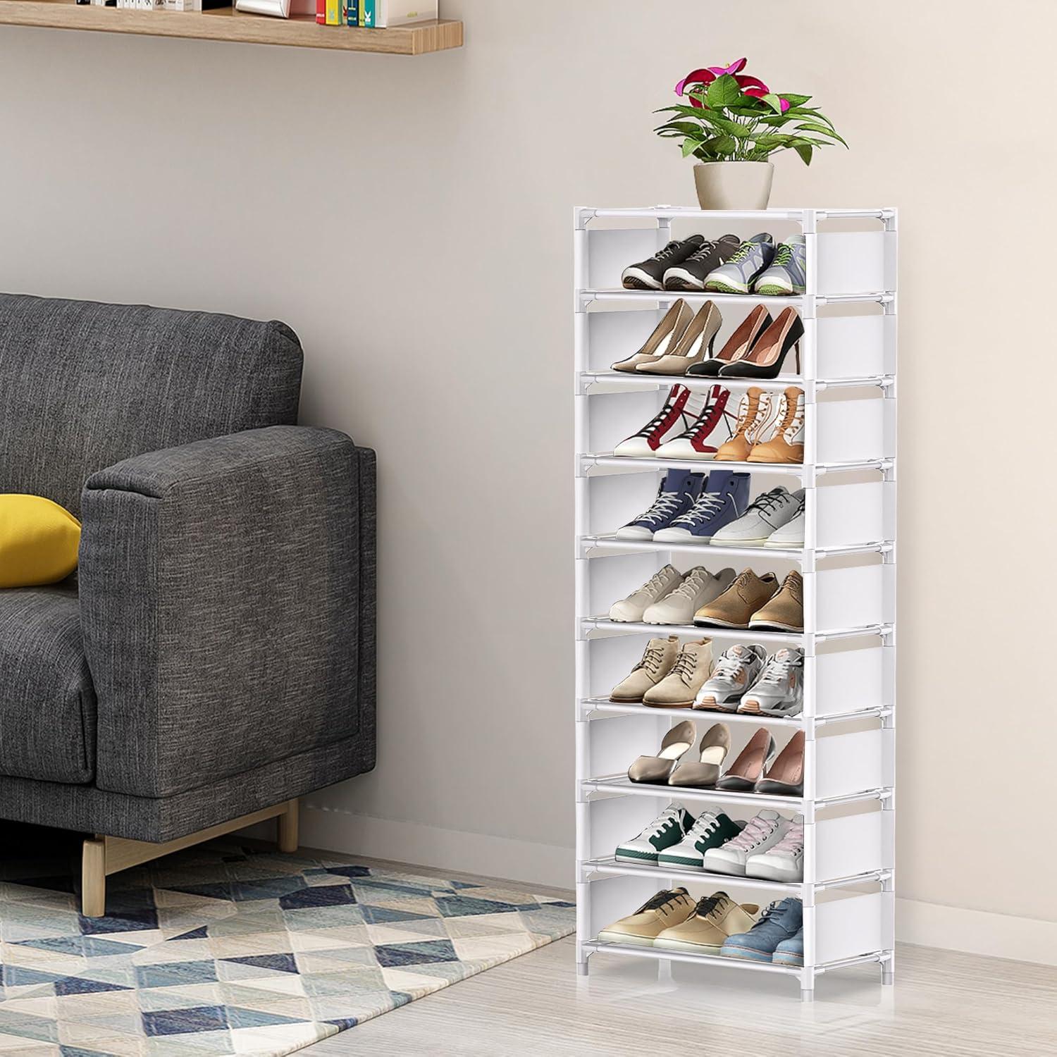 White 10-Tier Tall Stackable Shoe Rack with Hooks