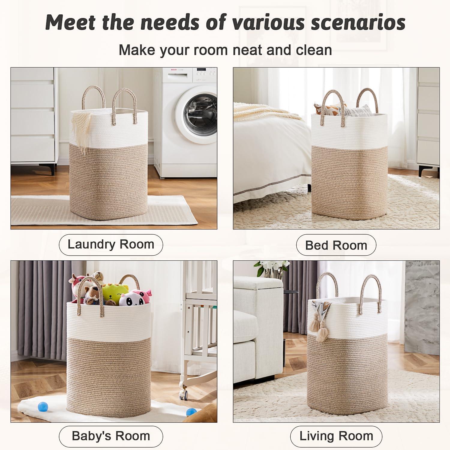 Beige and White Cotton Rope Collapsible Laundry Hamper