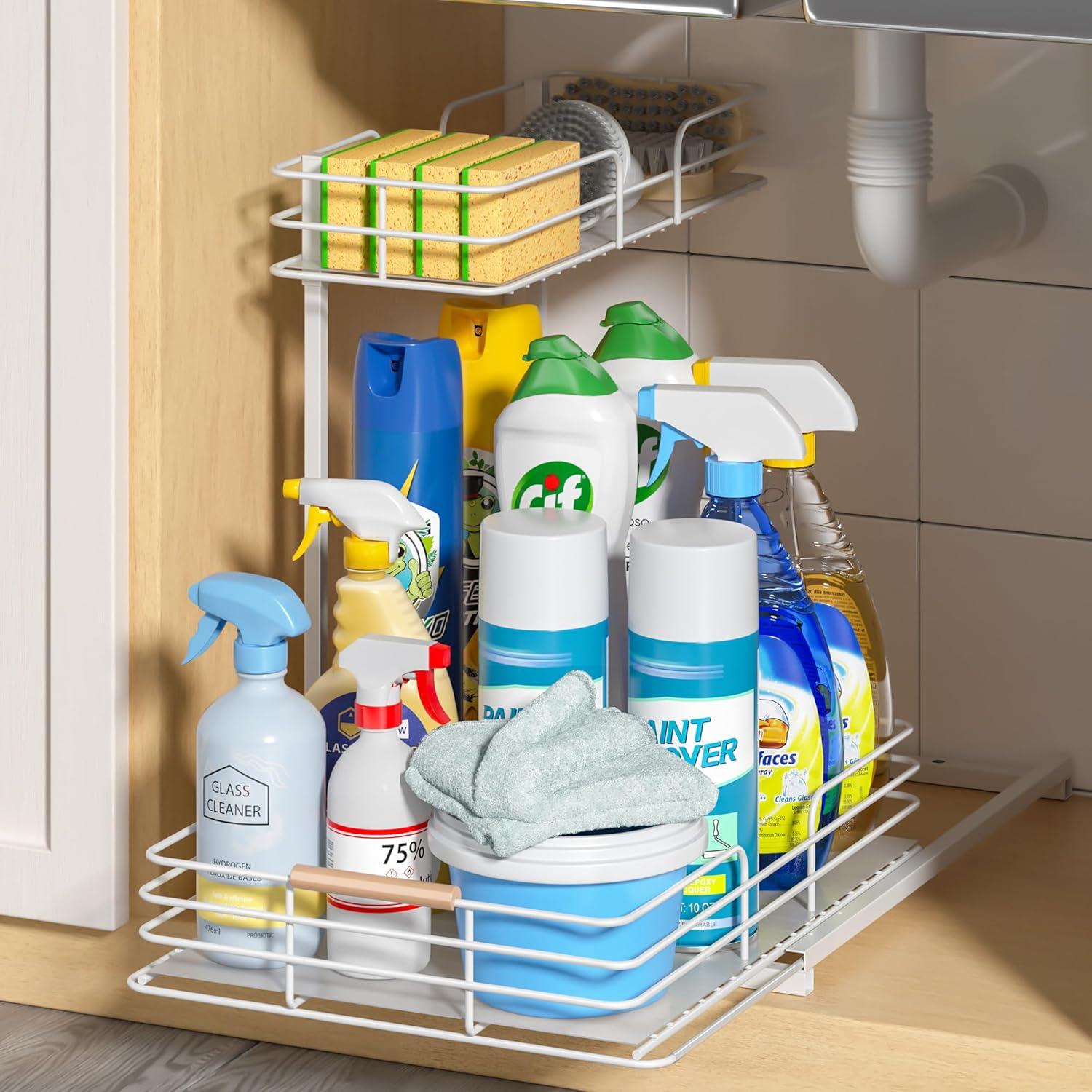 Under Sink Organizers and Storage, Pull Out Bathroom Kitchen Cabinet Organizers and Storage, 2-Tier White Under Sink Shelf Organizer Under Counter Storage Organizer