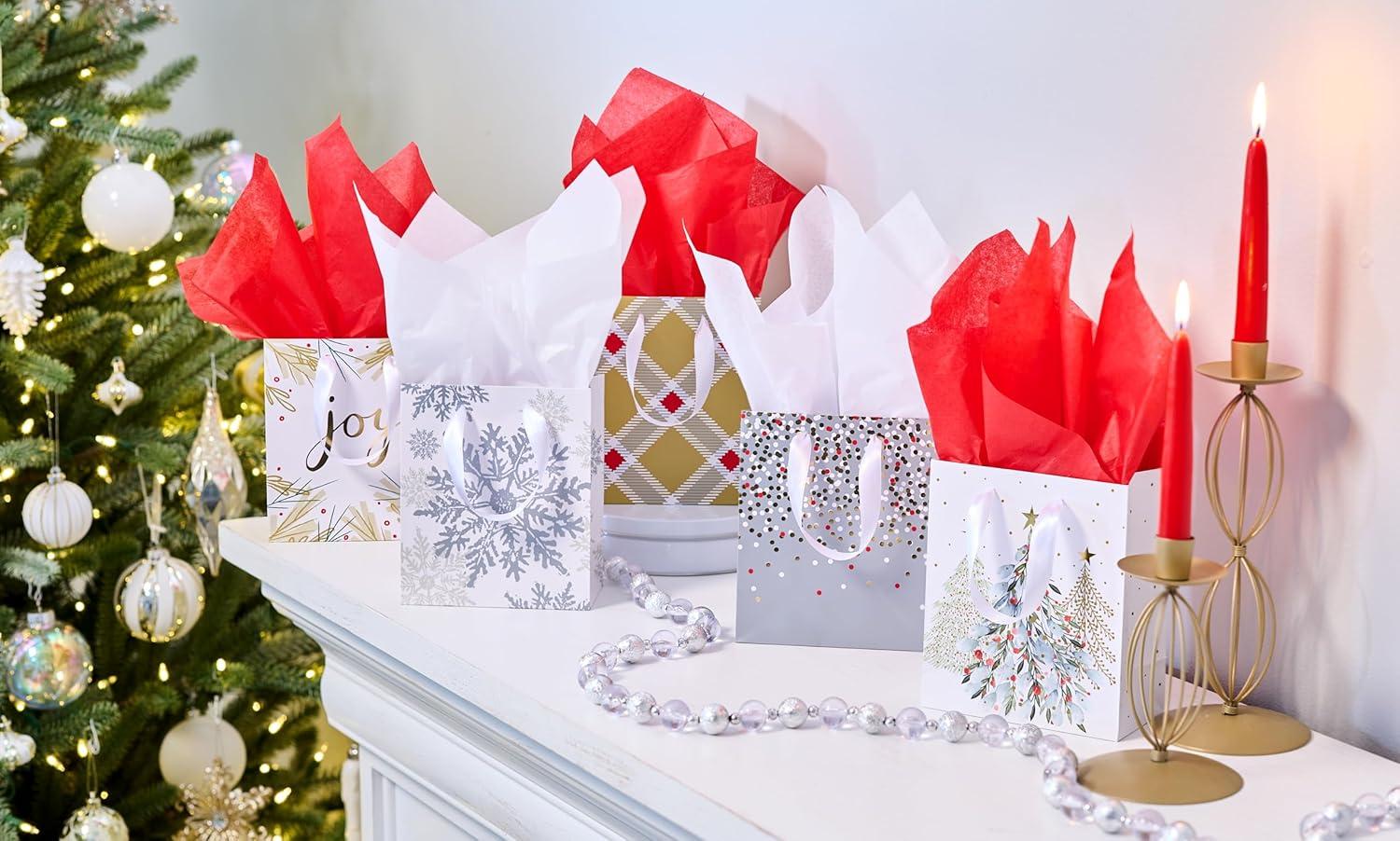 American Greetings Small Christmas Gift Bags, Gold and Silver Patterns (5 Bags)