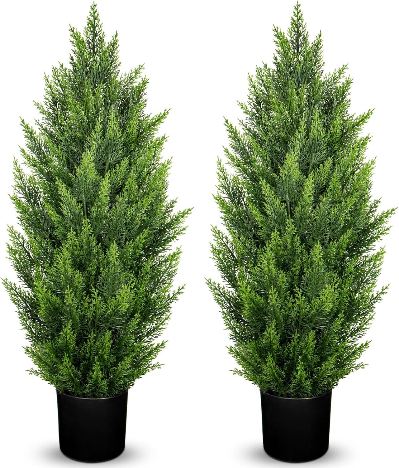 Artificial Cedar Tree 2 Pack 3 ft Outdoor Artificial Topiary Cedar Plants Fake Tree UV Rated Potted Plants for Porch Decor Faux Pine Tree for Perfect Housewarming Gift