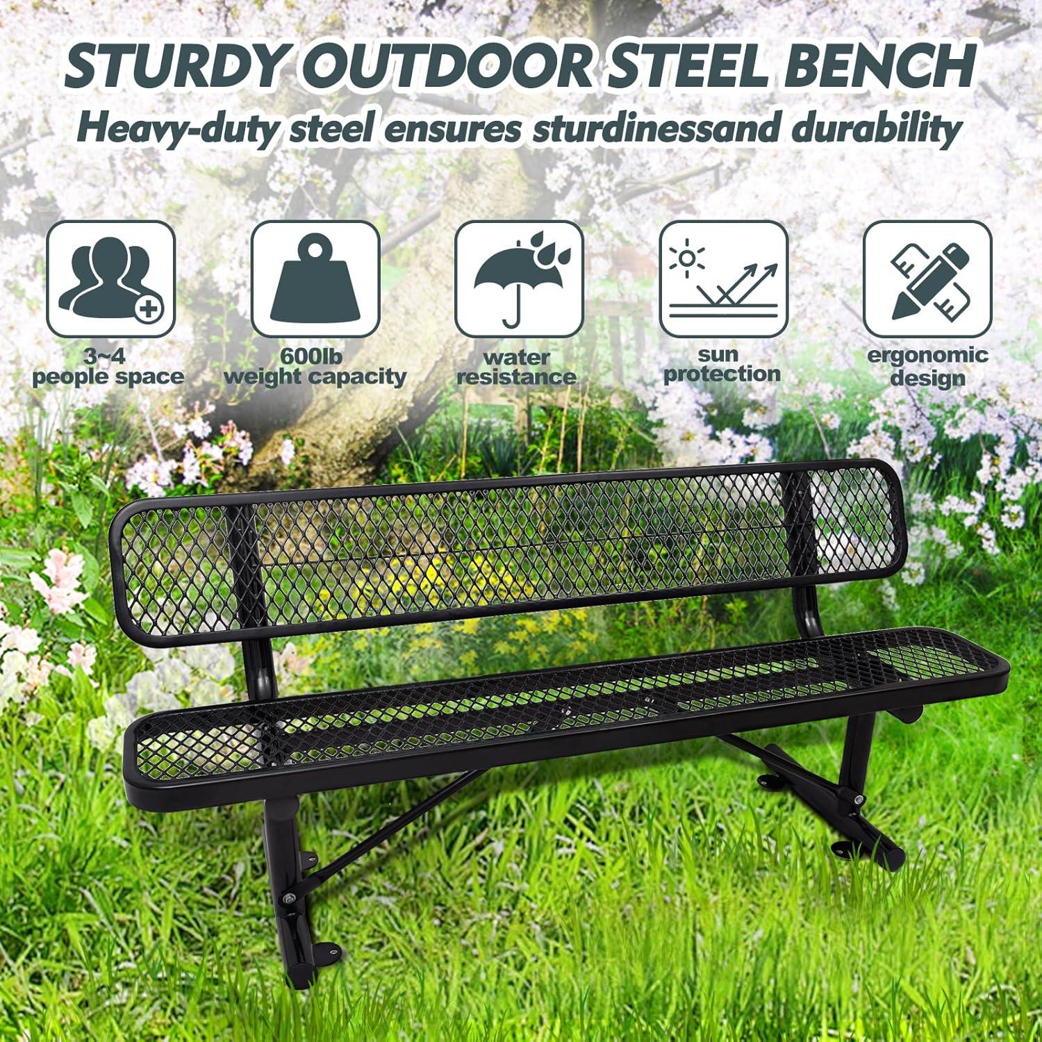 72'' Black Steel Outdoor Bench with Mesh Backrest