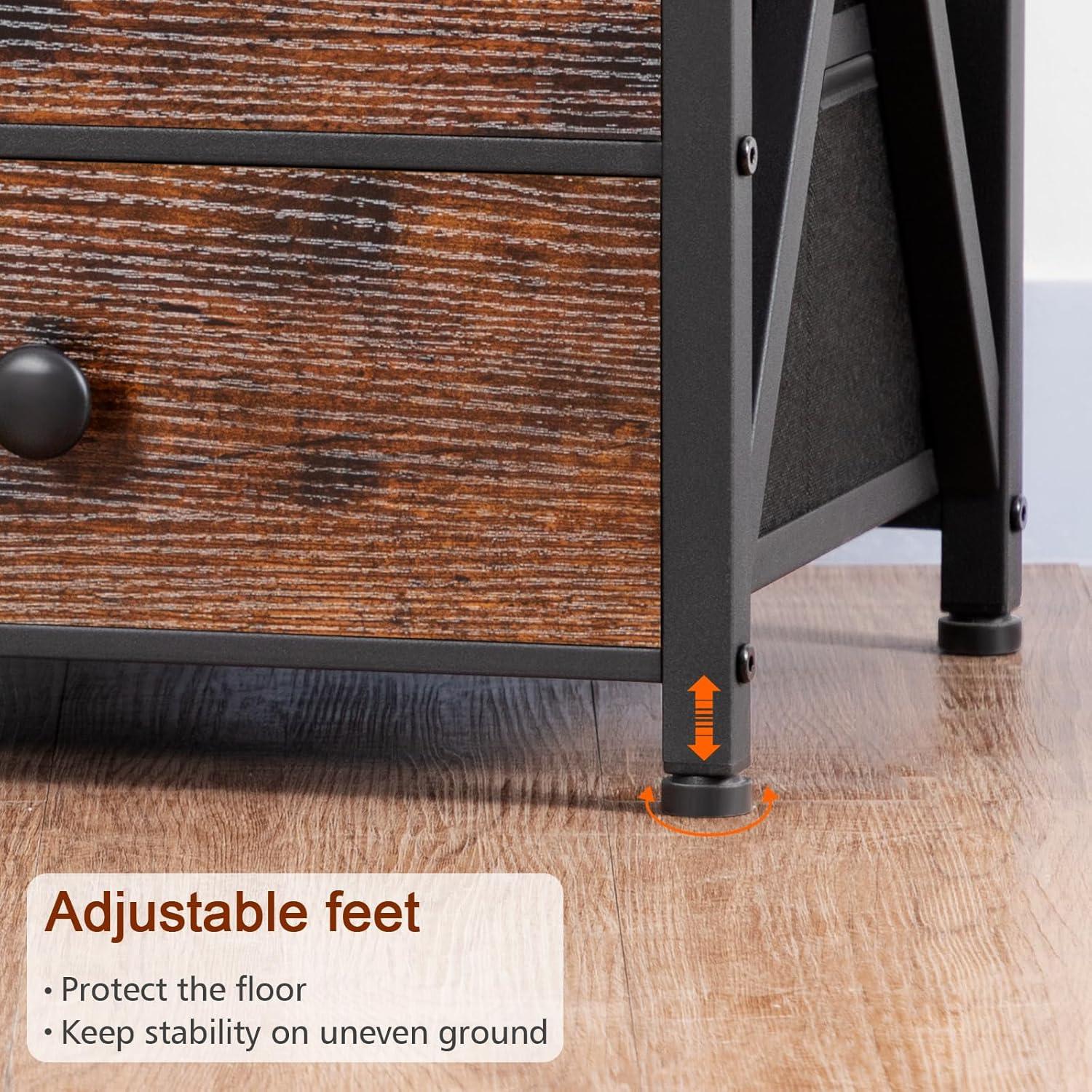 Rustic Brown LED Nightstand Set with Charging Station and Fabric Drawers