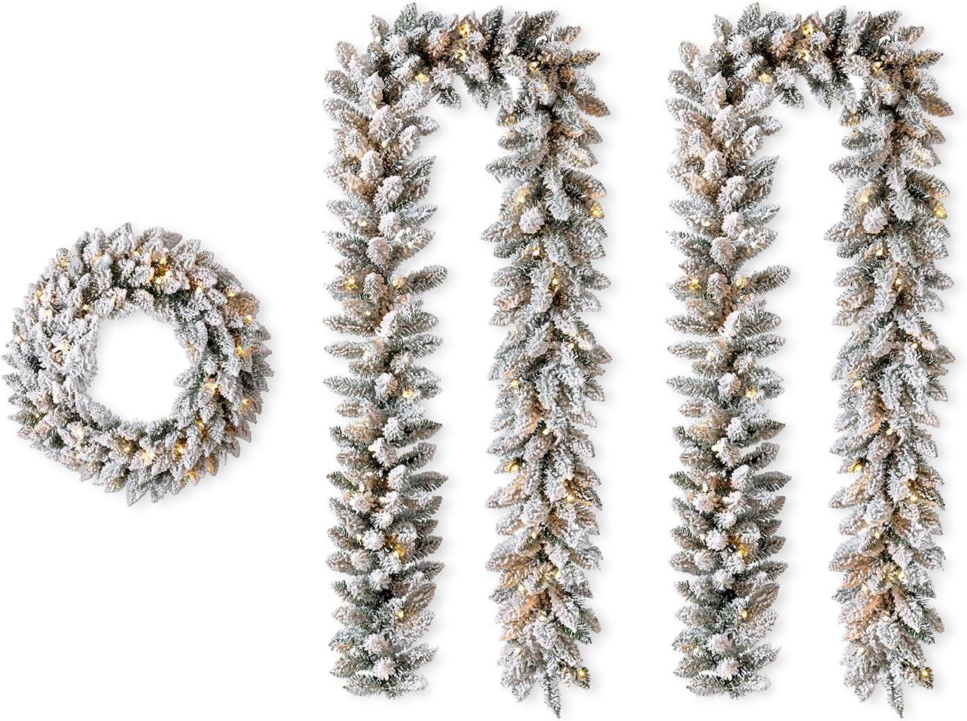 Huge Pre-Lit Artificial Pine Garland and Wreath Set with Snow Flocked Embellishments