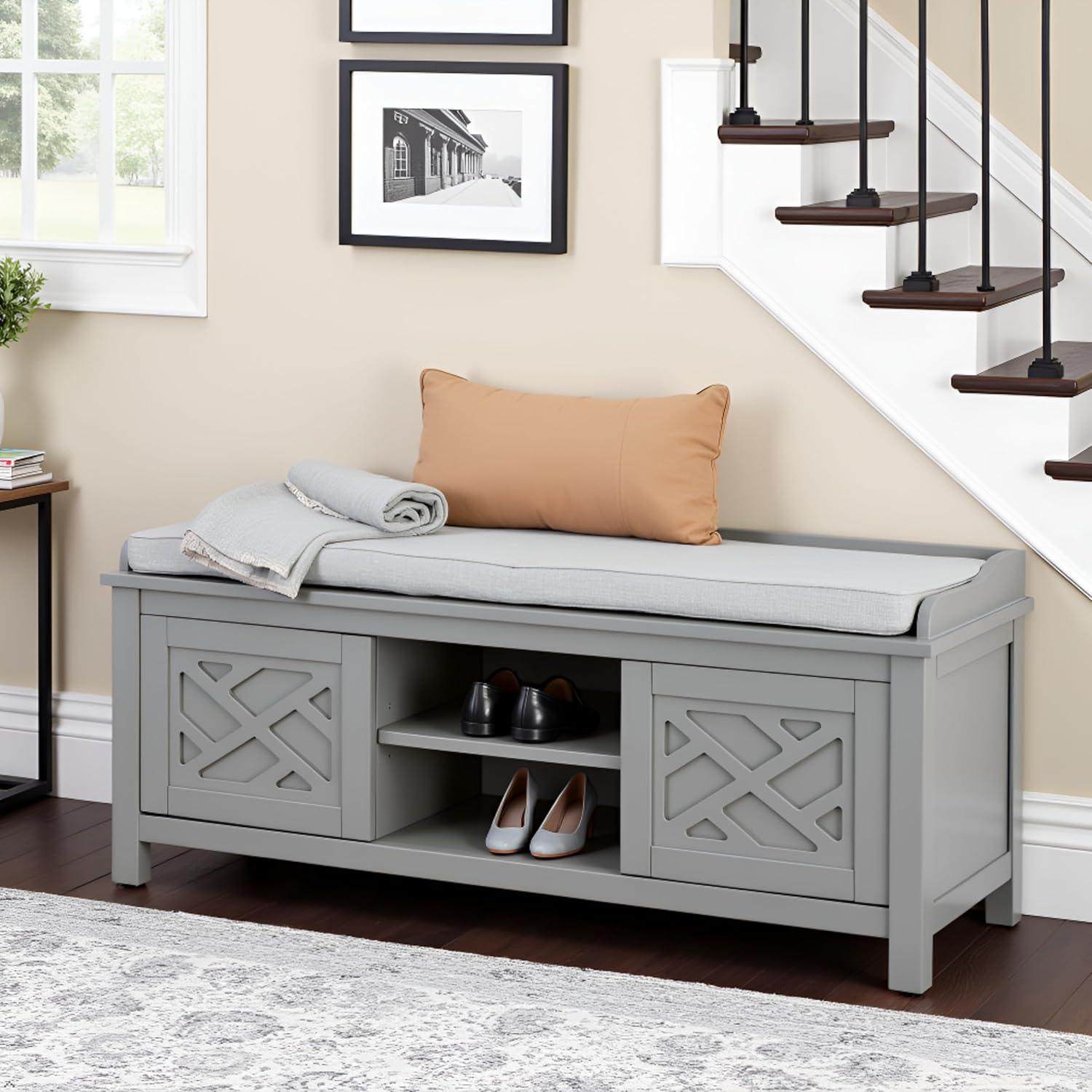 Alaterre Furniture Coventry 45 in. Pine Wood Storage Bench with Cushion, Entryway Organization & Decoration, 3 Adjustable/Removable Cubbies, Gray