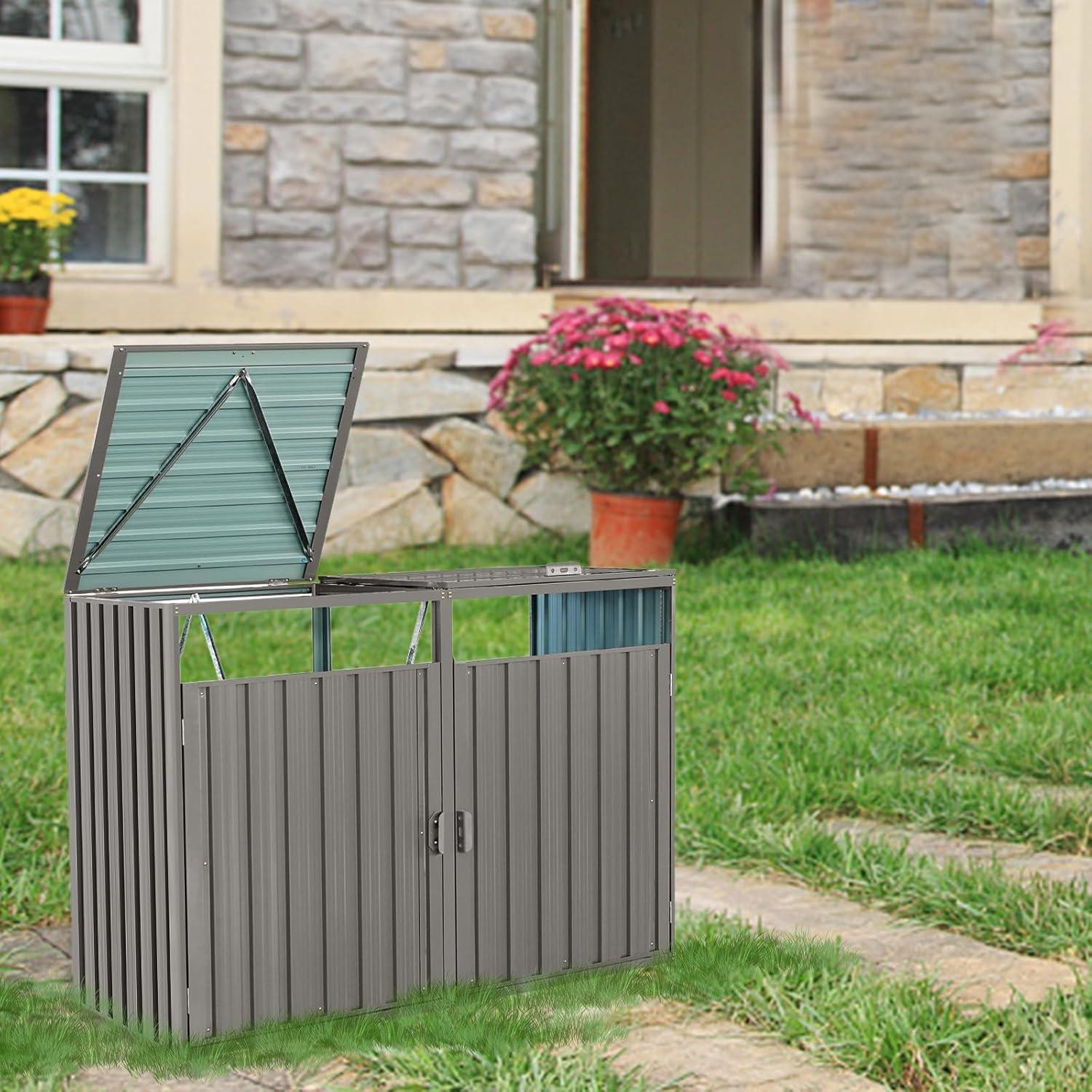 KAQCVIN Garbage Bin Shed Stores 2 Trash Cans Metal Outdoor Bin Shed