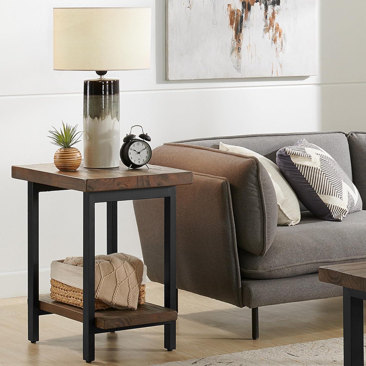 Pomona Solid Wood and Metal End Table with Shelf - Alaterre Furniture: Rustic Design, Fixed Shelf, Rectangle Shape