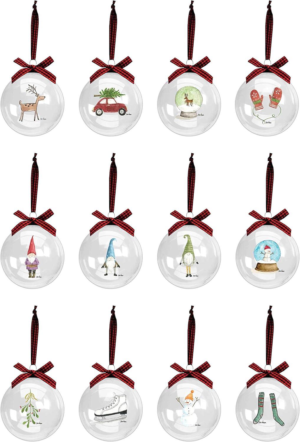 Rae Dunn Christmas Ornaments - Set of 12 Clear Glass Balls with Cute Holiday Designs - 60mm / 2.36 Inch Hanging Decorations for Xmas Tree