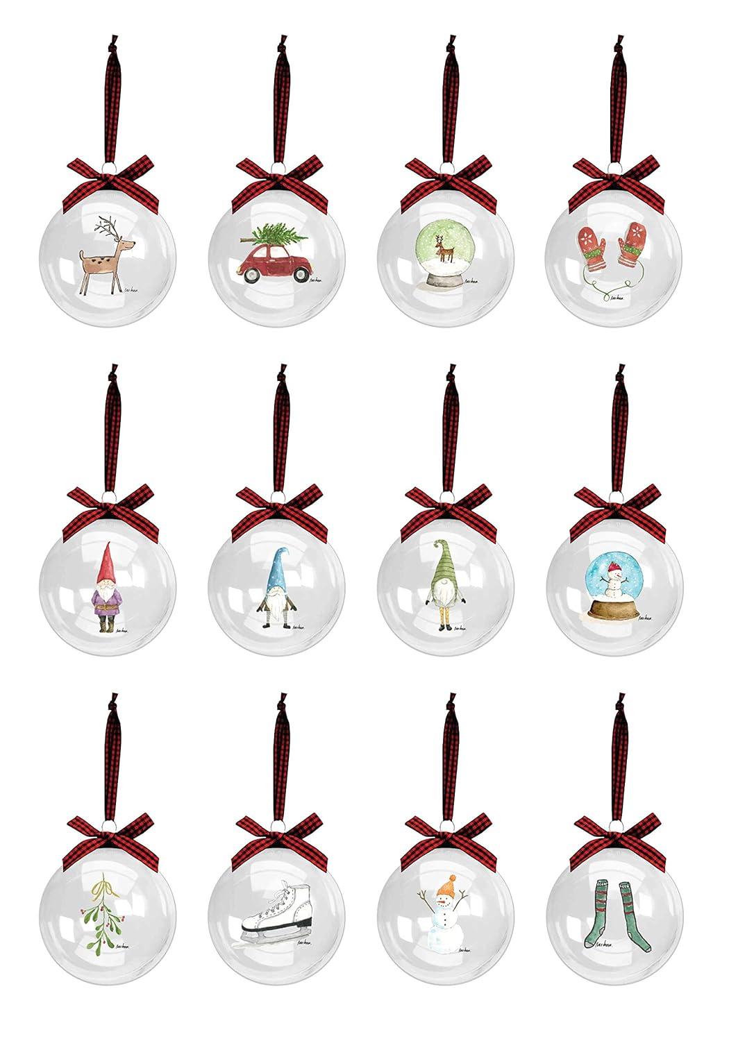 Rae Dunn Christmas Ornaments - Set of 12 Clear Glass Balls with Cute Holiday Designs - 60mm / 2.36 Inch Hanging Decorations for Xmas Tree