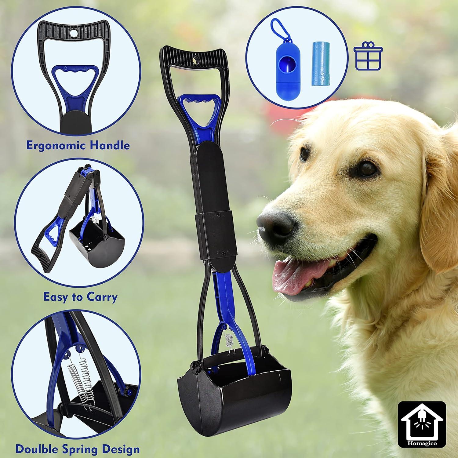 Pooper Scooper for Large Dogs，Portable Dog Pooper Scooper with Long Handle,Foldable Pet Pooper Scooper with Waste Bag,Easy to Use Perfect for Grass,Dirt,Gravel（Blue）