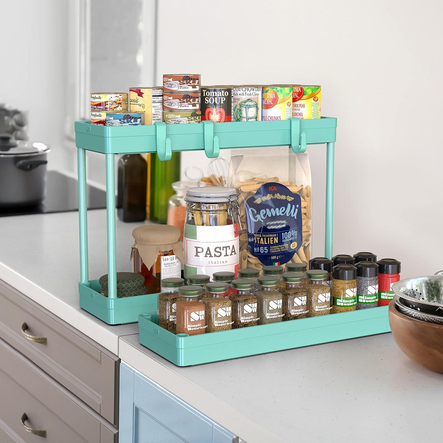 3-Tier Slim/Super Narrow Kitchen Cart with Handle, Hooks and Storage with Shelves,Turquoise