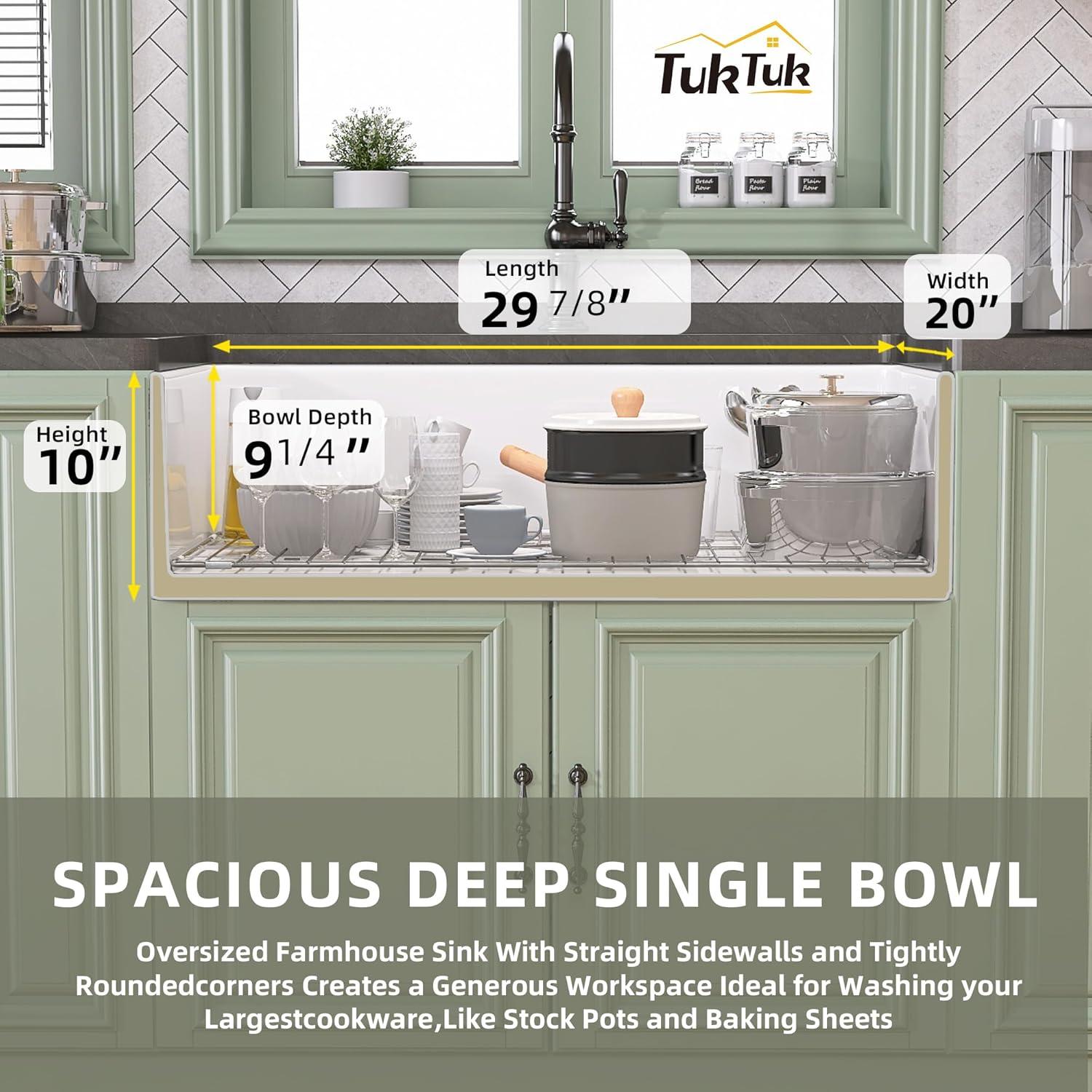 TUKTUK White Farmhouse Sink 30X20 inch Fireclay Farm Sink Apron Undermount Kitchen Sink Single Bowl Extra Wide Large Capacity Drop-in Modern Kitchen Sink with Luxury Bottom Grid & Strainer