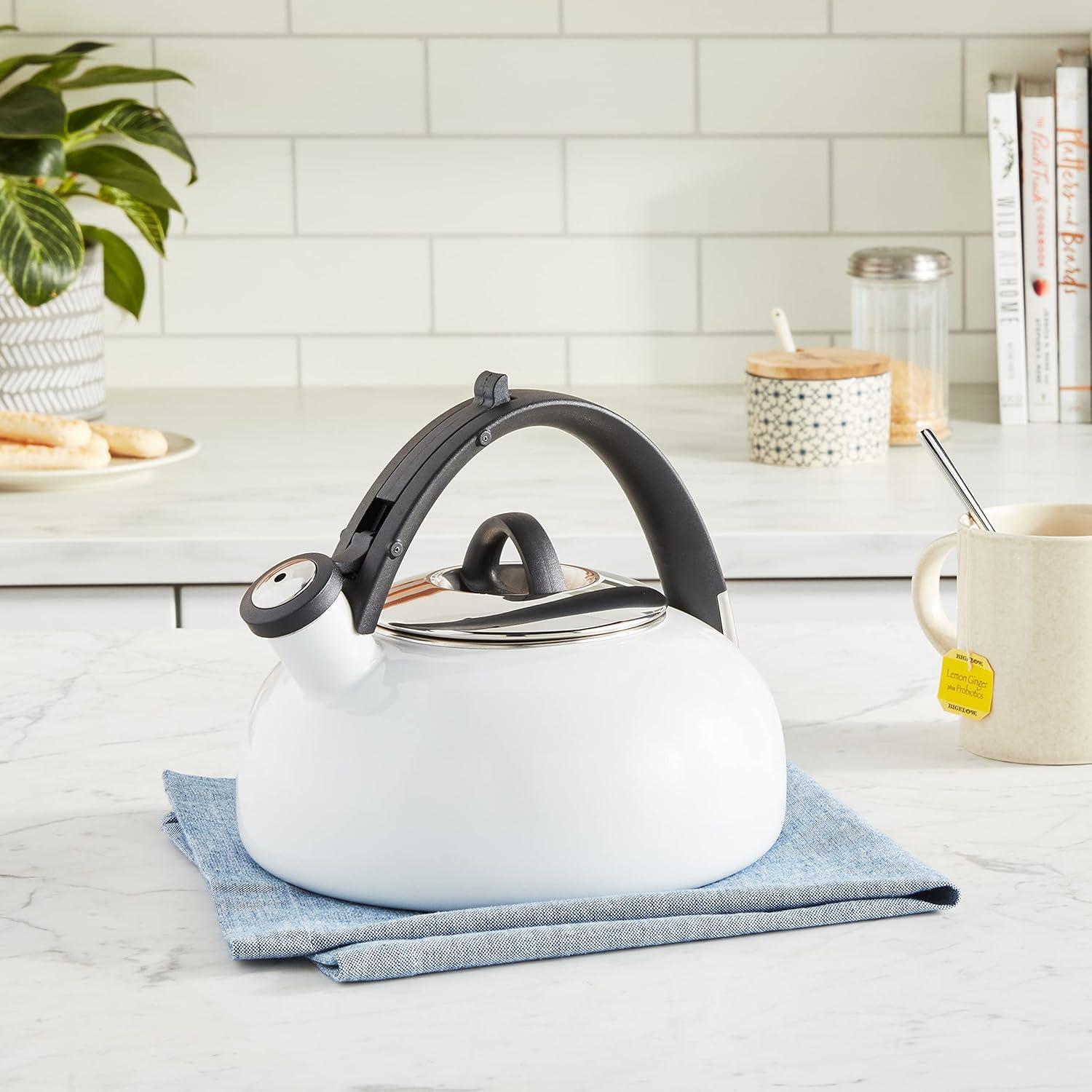 White Enamel 2-Quart Whistling Tea Kettle with Silicone Handle