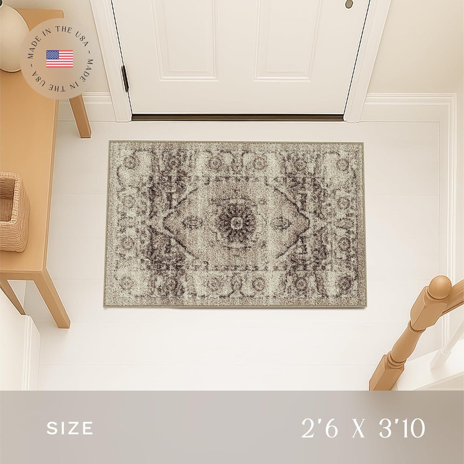 Maples Rugs Lexington Farmhouse Floral Taupe Washable Entryway Area Rug, 2'6 x 3'10