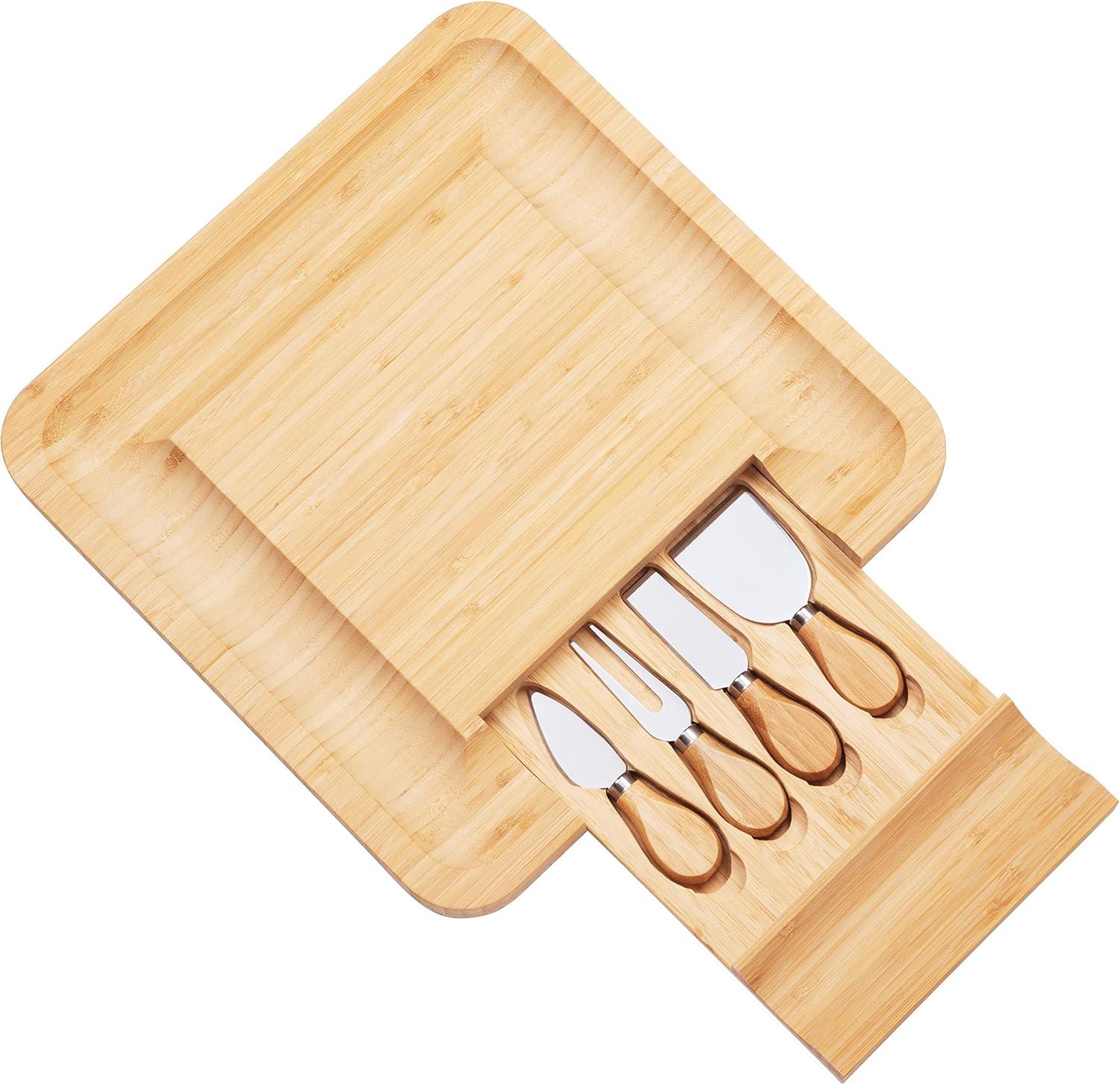 Bamboo Cheese Board Set With Cutlery In Slide-Out Drawer Including 4 Stainless Steel Knife and Serving Utensils