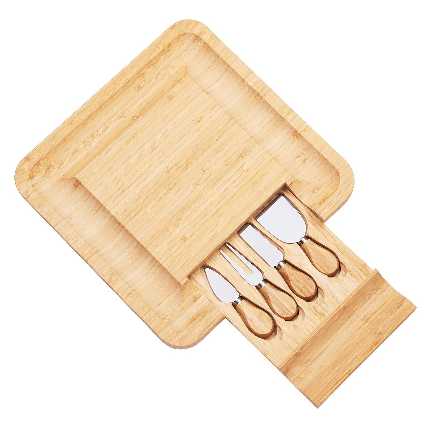 Bamboo Cheese Board Set With Cutlery In Slide-Out Drawer Including 4 Stainless Steel Knife and Serving Utensils