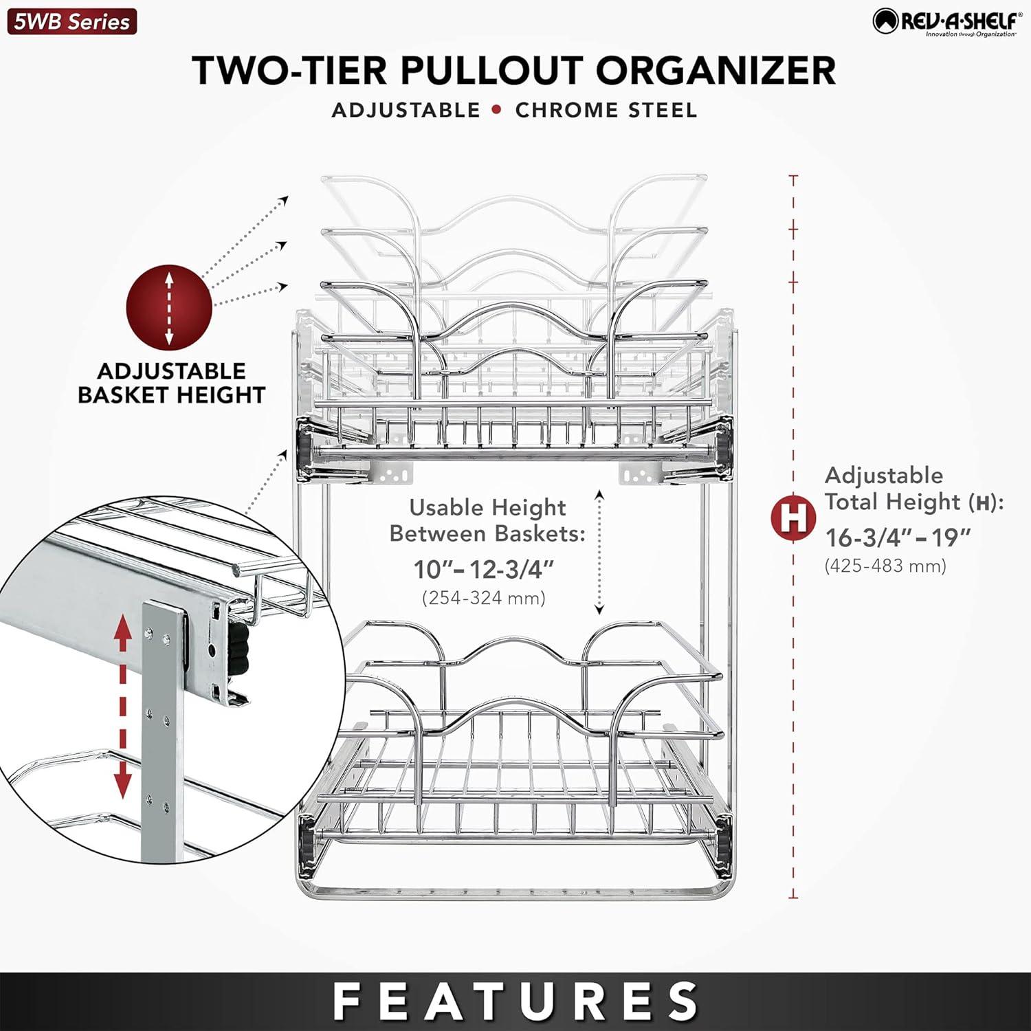 Rev-A-Shelf 5WB2 2-Tier Wire Basket Pull Out Shelf Storage for Kitchen Base Cabinet Organization, Chrome