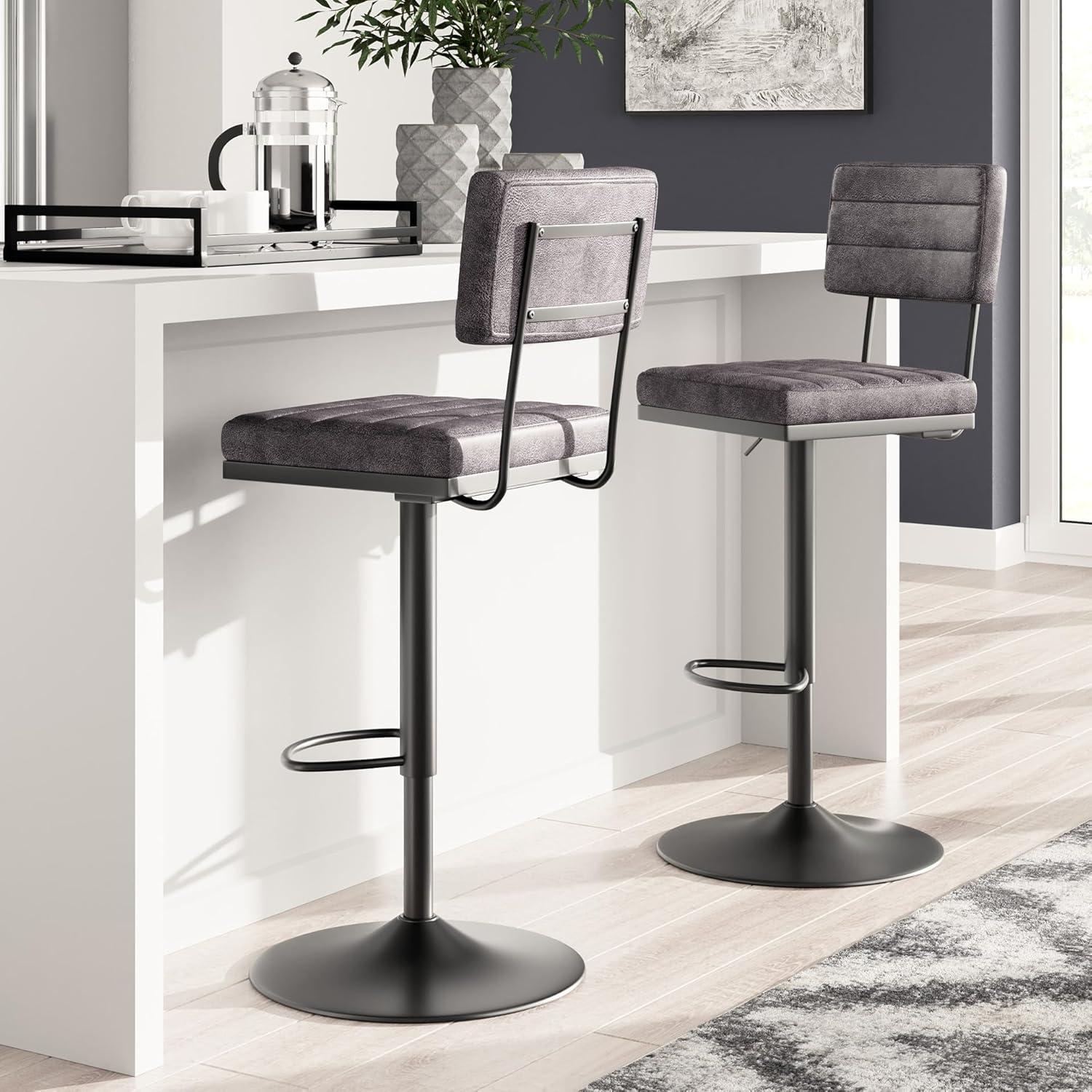Gray Faux Leather Adjustable Swivel Bar Stools with Black Metal Base, Set of 2
