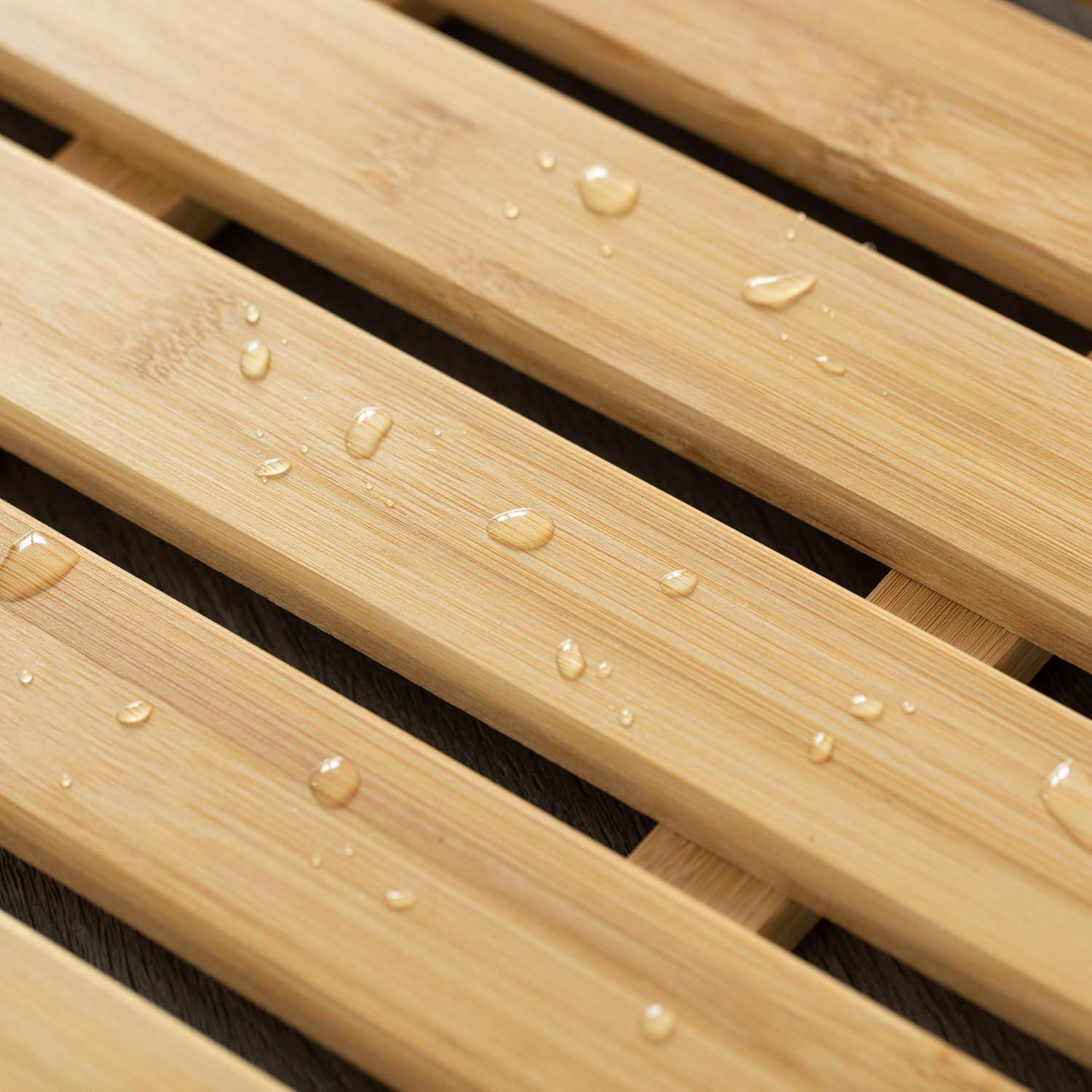 Basicwise 21.25-inch Luxury Non-Slip Waterproof Durable Bamboo Bath Mat - Perfect for Showers, Bathtubs, Spas, Saunas, Bathrooms, and Pools