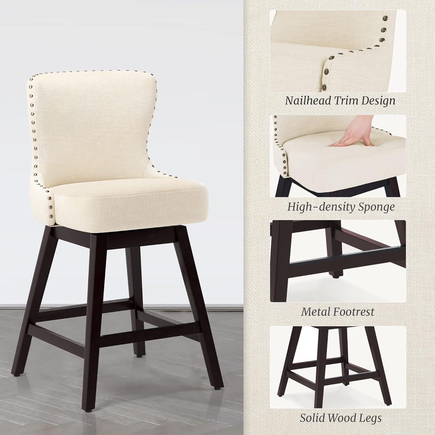 Counter Height Bar Stools, 26" H Swivel Bar Stool with Back, Linen Fabric Counter Stool, Solid Wood Legs, Retro Upholstered Barstools for Kitchen Island, Home Bar, Pub, Beige