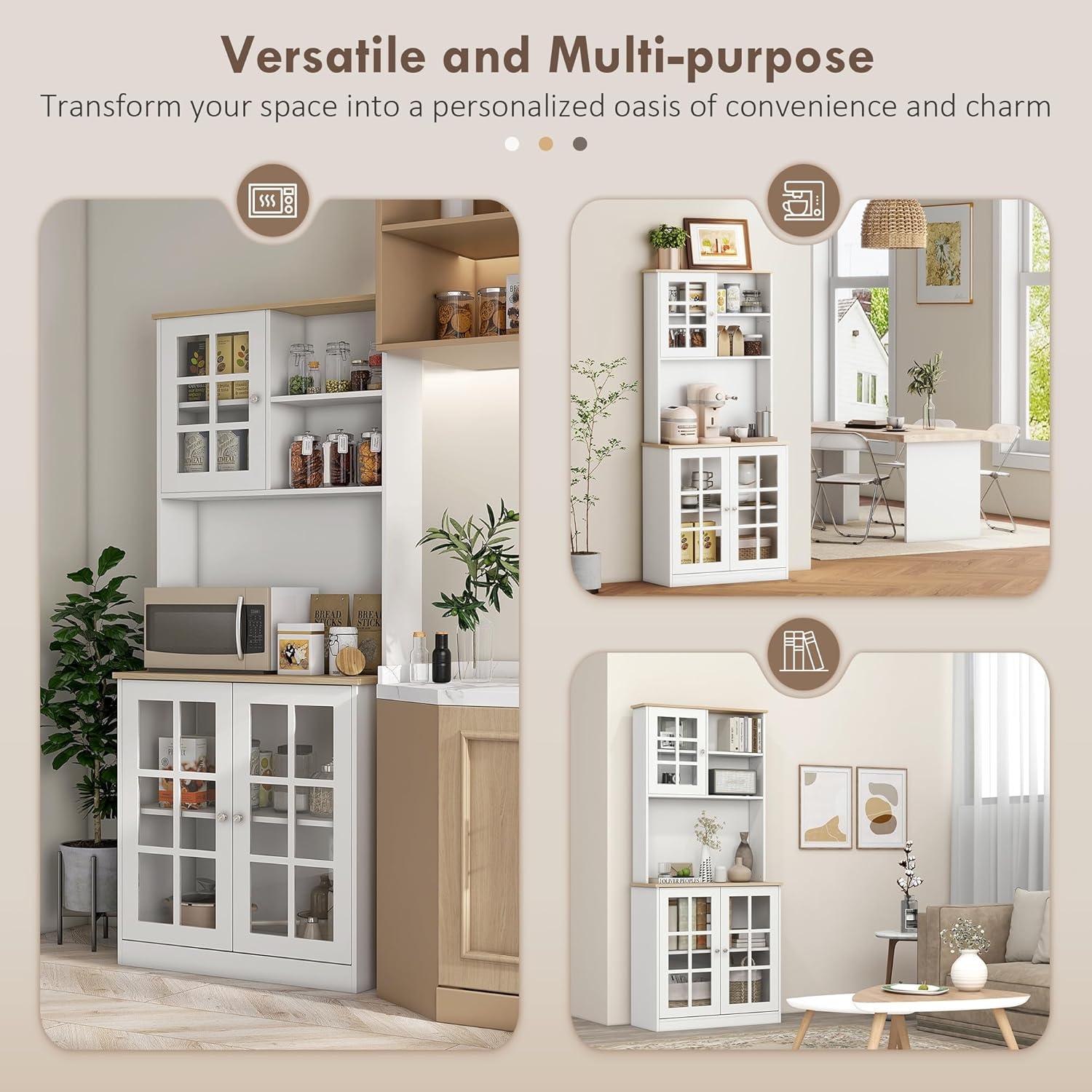 HOMCOM Kitchen Buffet with Hutch, Storage Pantry with 3 Cabinets, 2 Open Shelves and Large Countertop, White