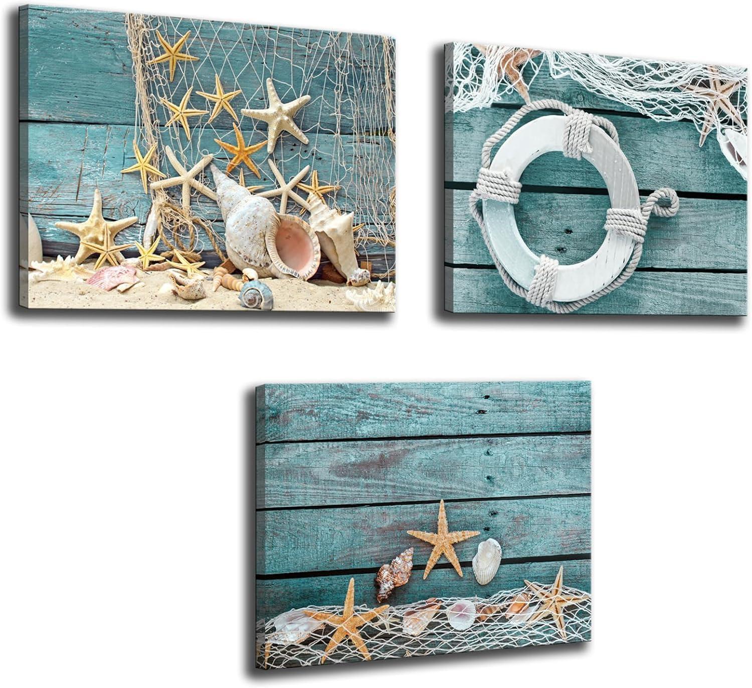 Teal Nautical Starfish and Shell Canvas Wall Art Set