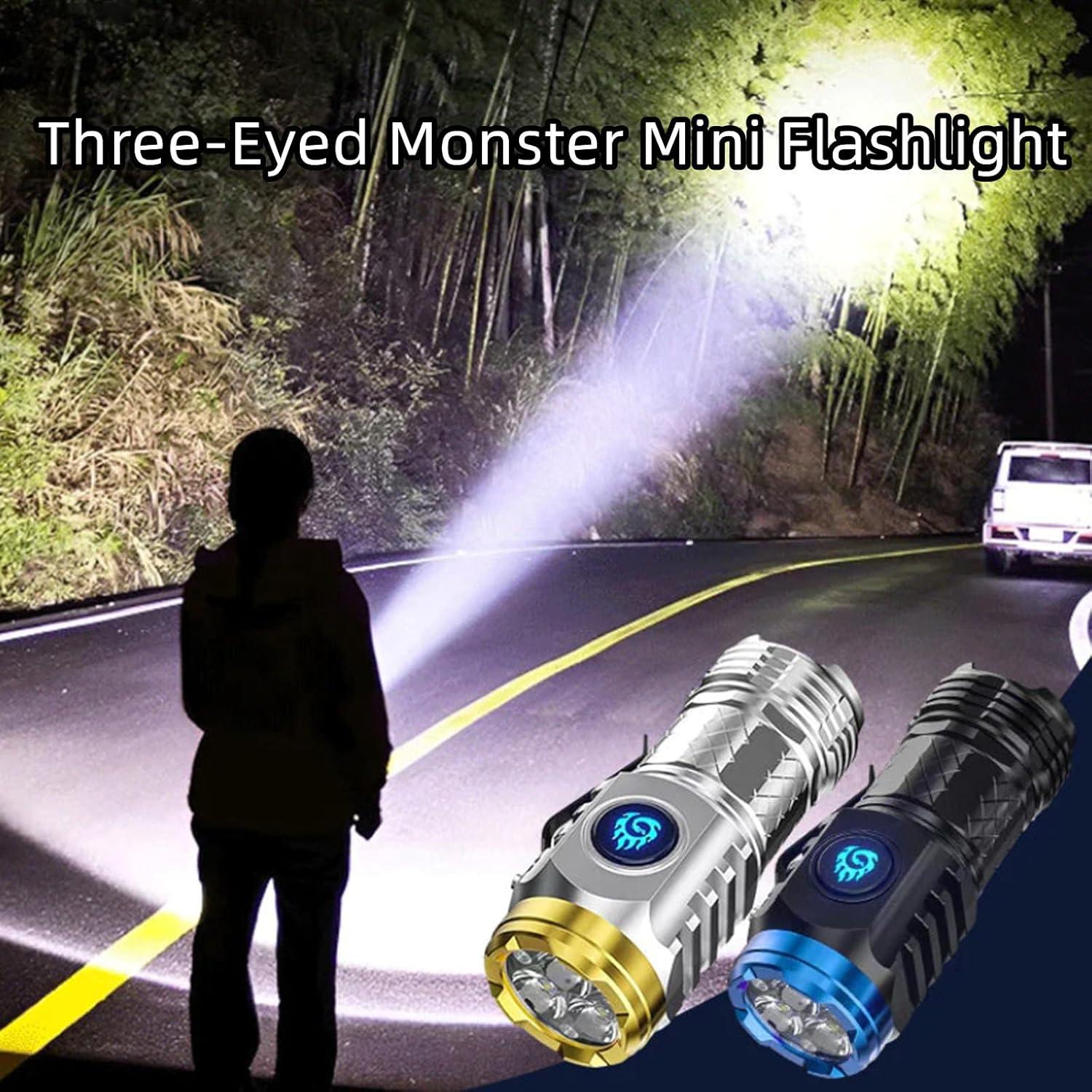 Hanzidakd Mini Torch with Three-Eyed Monster, LED Torch Extremely Bright, Rechargeable Torches with 5 Light Modes, Waterproof Mini Torch for Camping Outdoor (Silver)