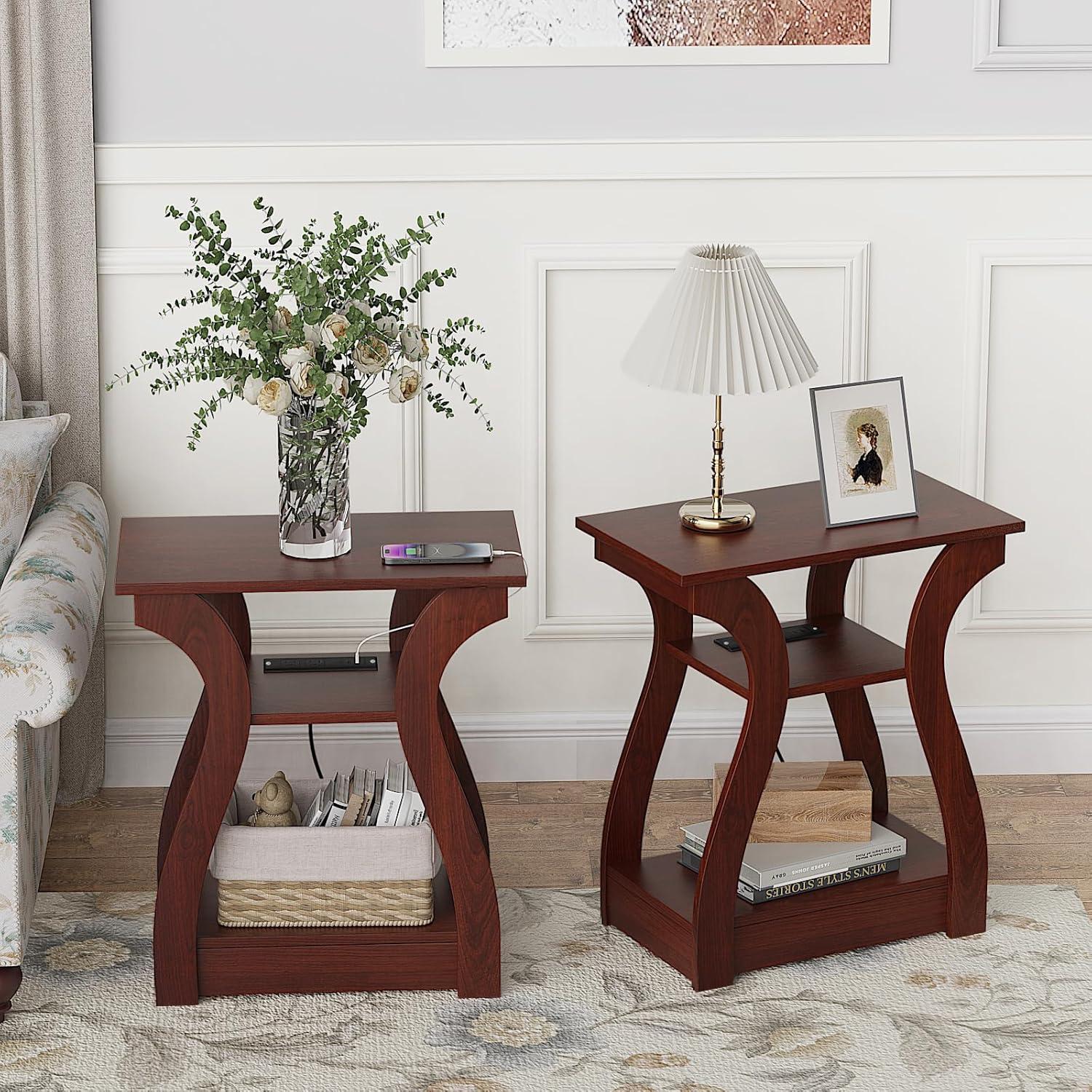 End Table Set of 2 Side Table with Charging Station, Side Table with USB Ports and Outlets, Nightstand, 3 Tier End Table with Storage Shelf for Living Room, Bedroom (Cherry)