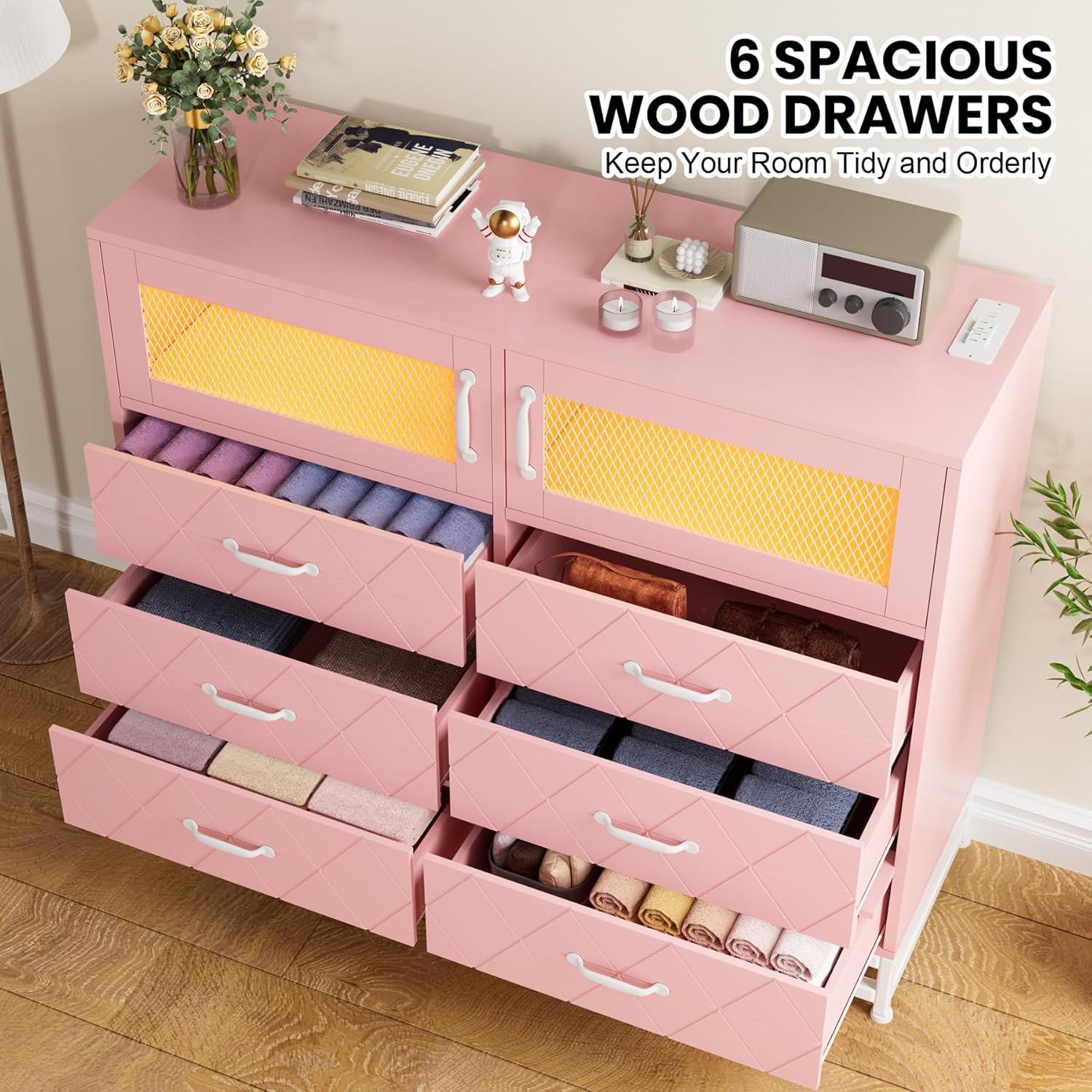 Dresser for Bedroom with LED Lights and Charging Station, Wooden 6 Drawer Double Dresser with 2 Doors, Modern Chest of Drawers for Bedroom, Entryway, Hallway, Pink