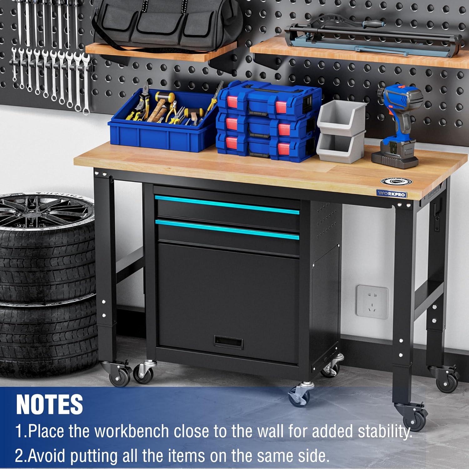 WORKPRO Garage Workbench, 48"X22" Adjustable Workbench with Wheels, Rubber Wood Top Heavy-Duty Workstation with Power Outlets, 1000 LBS Stationary Load Capacity, for Workshop, Garage