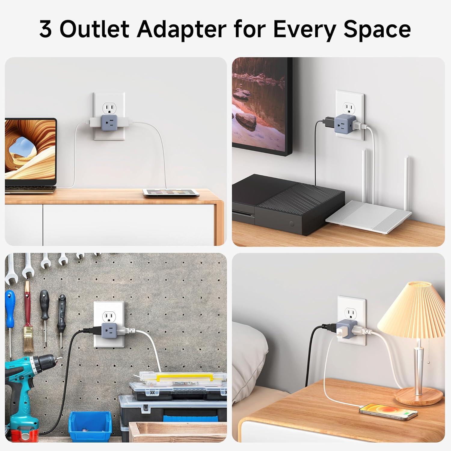 [UL Listed] Cable Matters 3-Pack 3 Outlet Wall Adapter (Grounded Cube Tap, Outlet Splitter, 3 Way Plug Adapter, 3-Prong Power Splitter), Black
