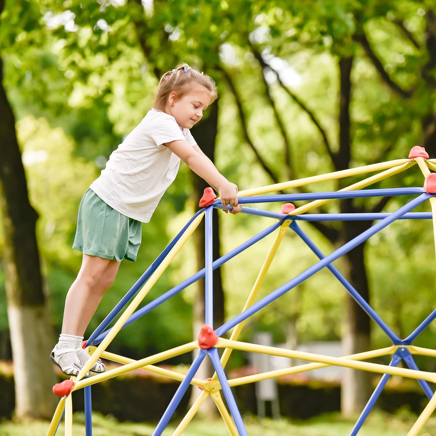 10FT Geometric Dome Climber Play Center with Hammock, Kids Climbing Dome Tower , Rust & UV Resistant Steel Supporting 1000 LBS, Blue+ Yellow