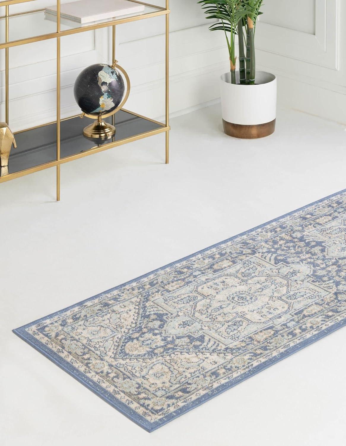 French Blue Medallion Runner Rug with Easy Care Synthetic Weave