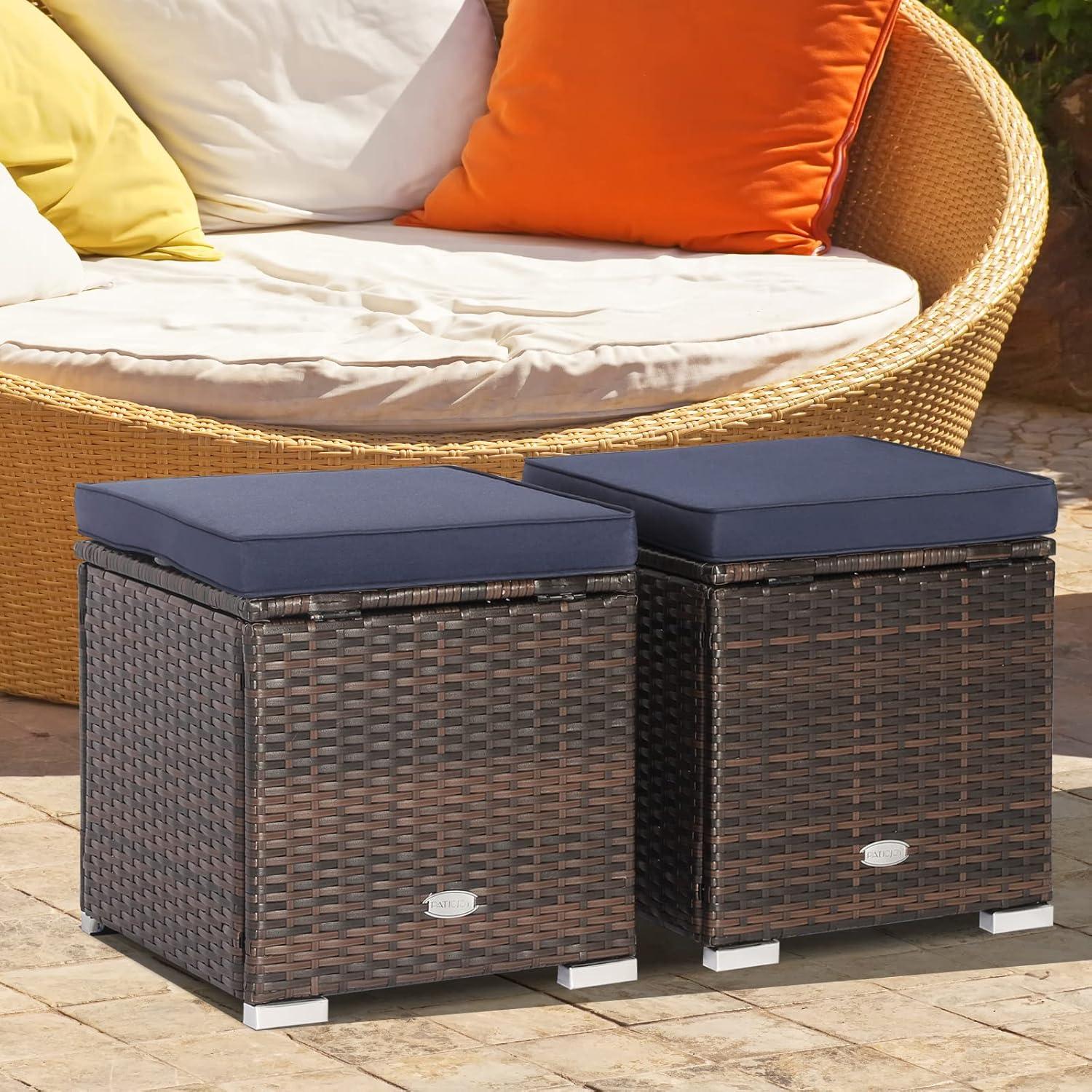 Navy Cushioned PE Rattan Storage Ottomans Set