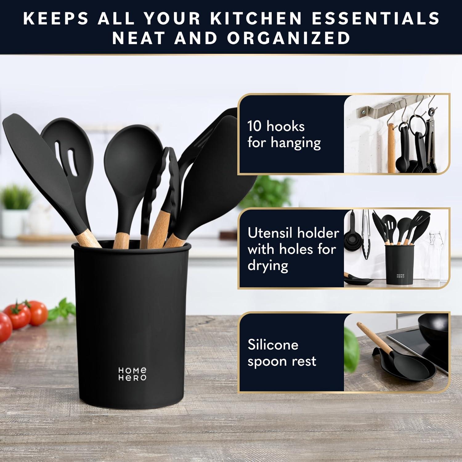 Home Hero - Kitchen Utensils Set - Cooking Utensils Set - Kitchen Gadgets & Kitchen Gifts - 33 Pieces, Silicone, Black