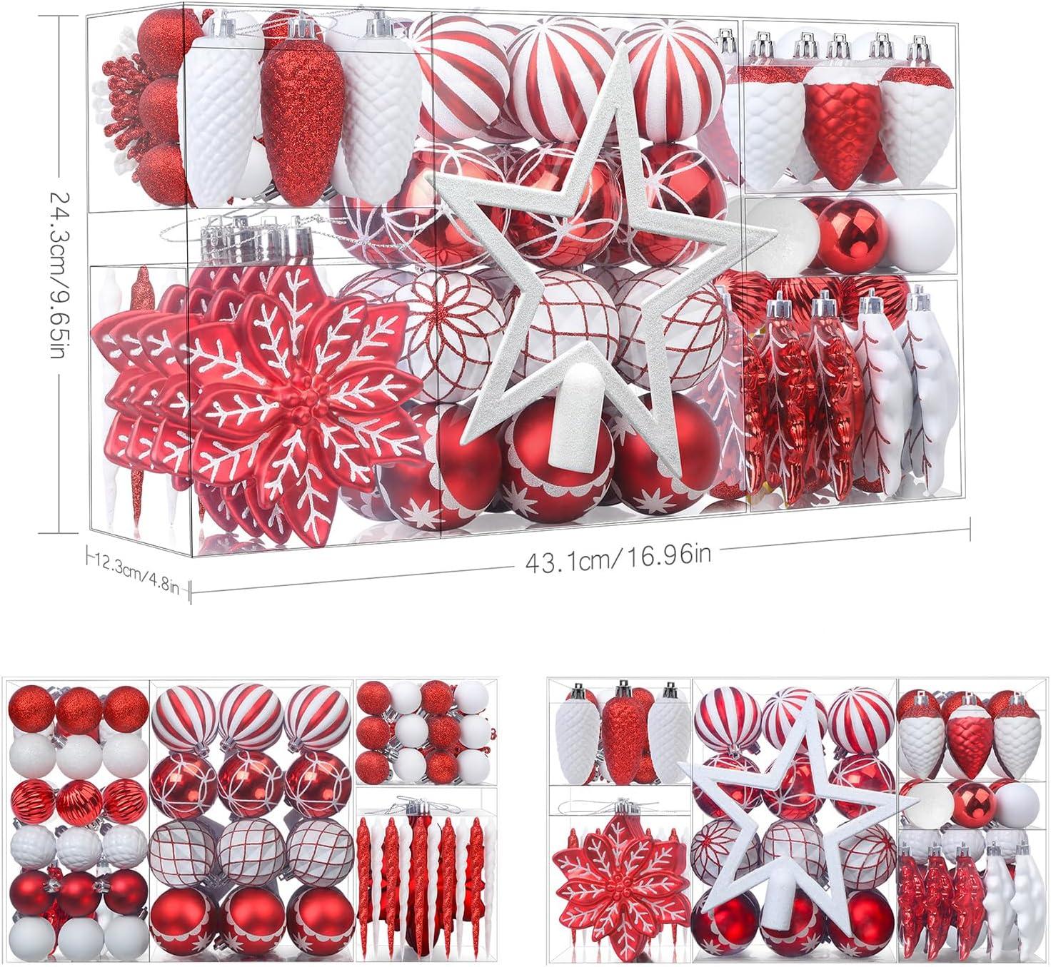 106CT Christmas Ball Ornaments, Shatterproof Plastic Baubles for Holiday Xmas Decor with Hooks, Red & White