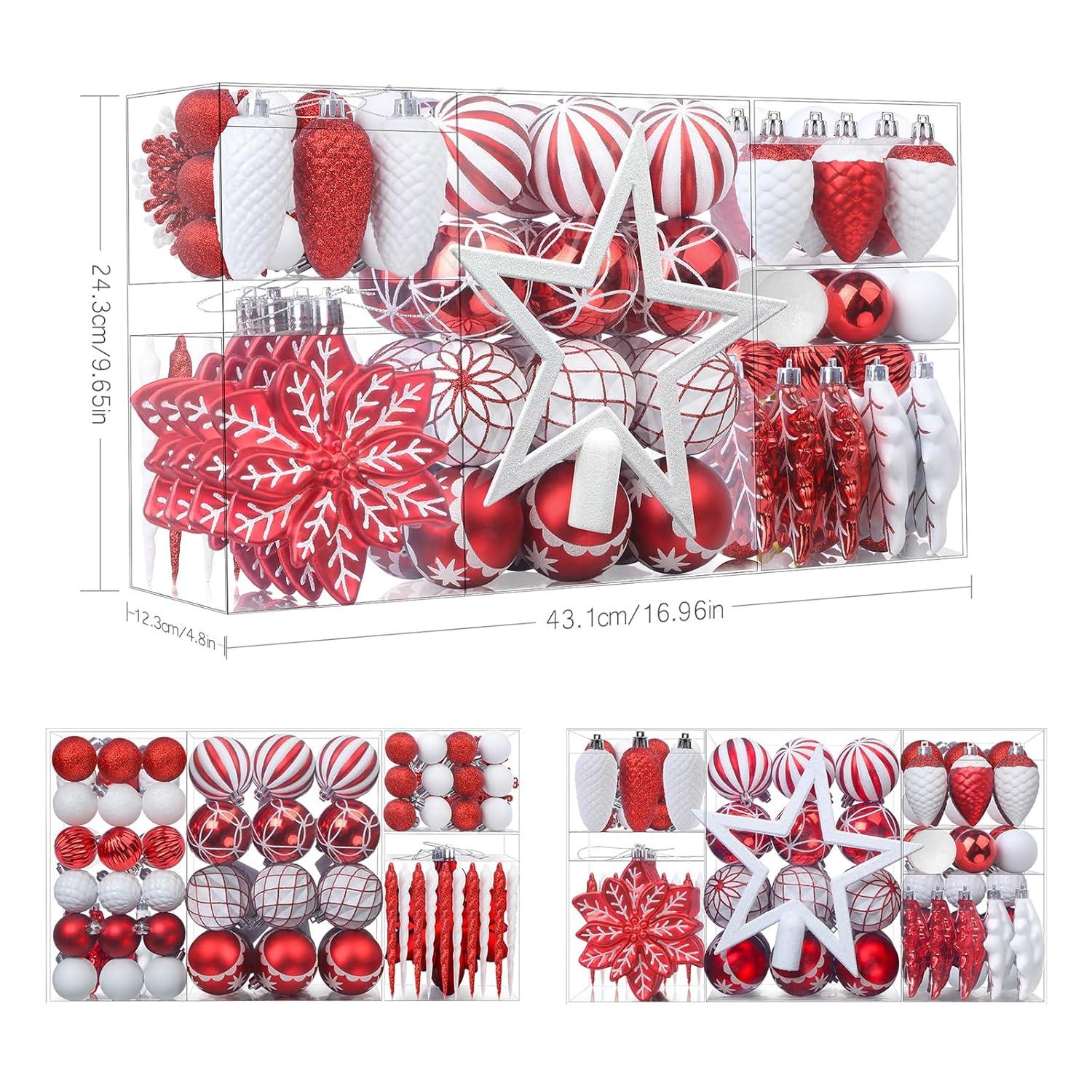 106CT Christmas Ball Ornaments, Shatterproof Plastic Baubles for Holiday Xmas Decor with Hooks, Red & White