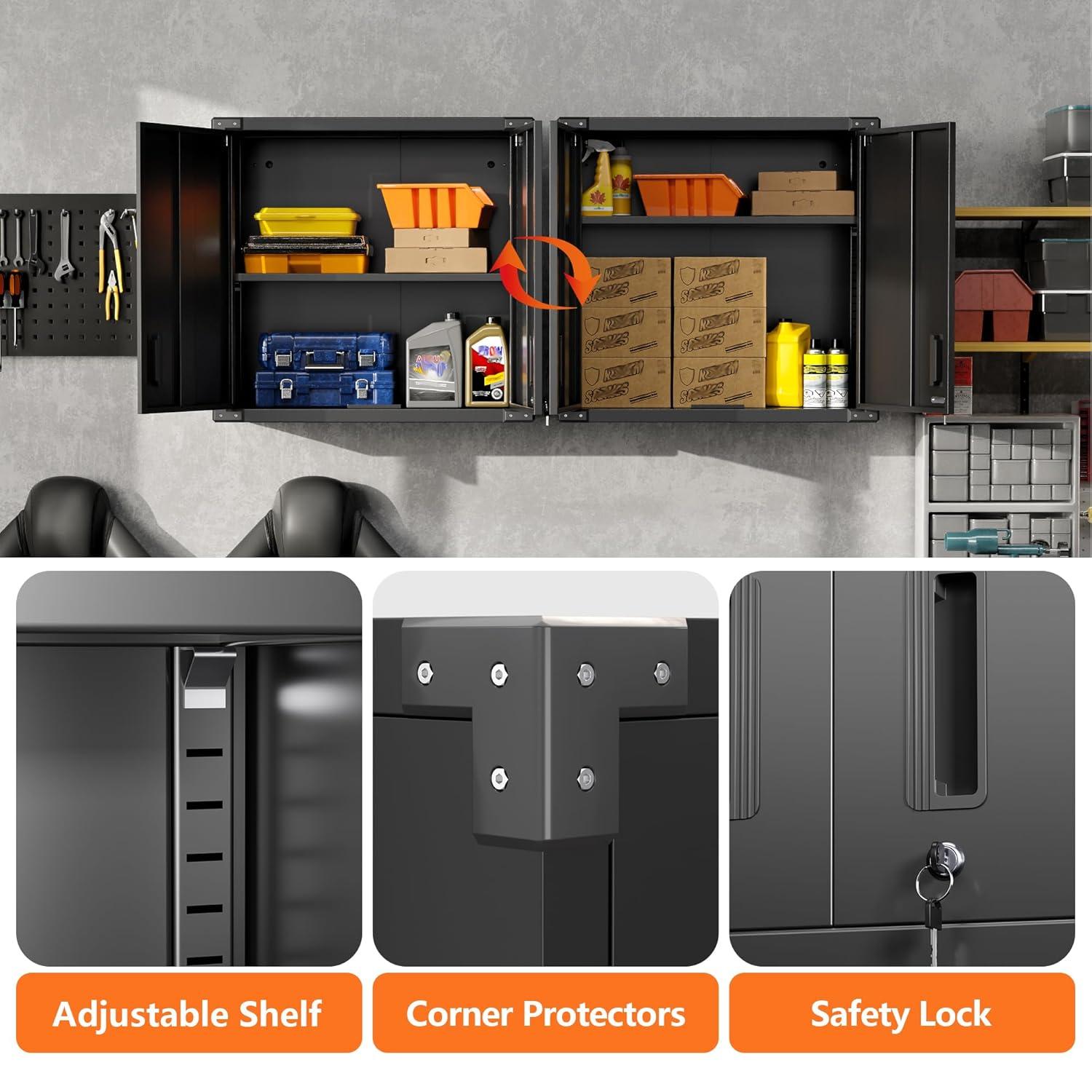 AOBABO Metal Garage Wall Mounted Storage Cabinet with Locking Door, Shelf, and Opened Drawer for Warehouse and Office Organization, Black