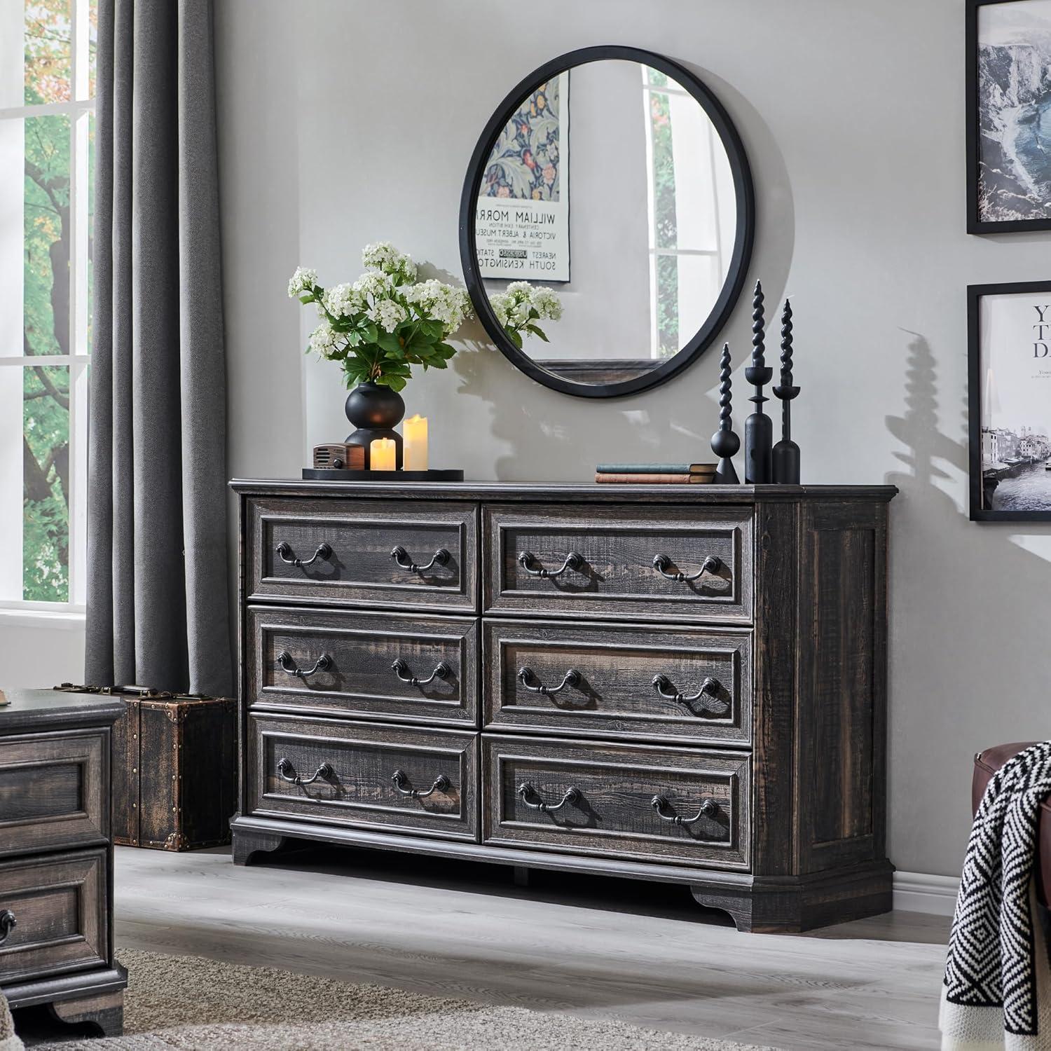 T4TREAM Farmhouse 6 Drawers Dresser for Bedroom, 54" Wide Wood Rustic Chest of Drawers with Natural Texture, Vintage Design, Storage Dressers Organizer for Bedroom, Living Room, Dark Rustic Oak