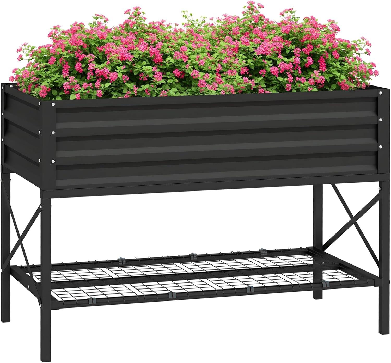 Outsunny Raised Garden Bed with Galvanized Steel Frame, Storage Shelf and Bed Liner, Elevated Planter Box with Legs for Vegetables, Flowers, Herbs, Black
