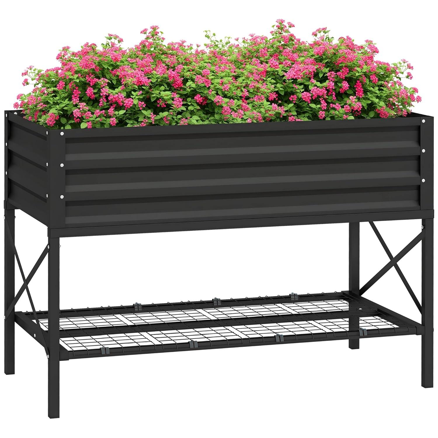 Outsunny Raised Garden Bed with Galvanized Steel Frame, Storage Shelf and Bed Liner, Elevated Planter Box with Legs for Vegetables, Flowers, Herbs, Black