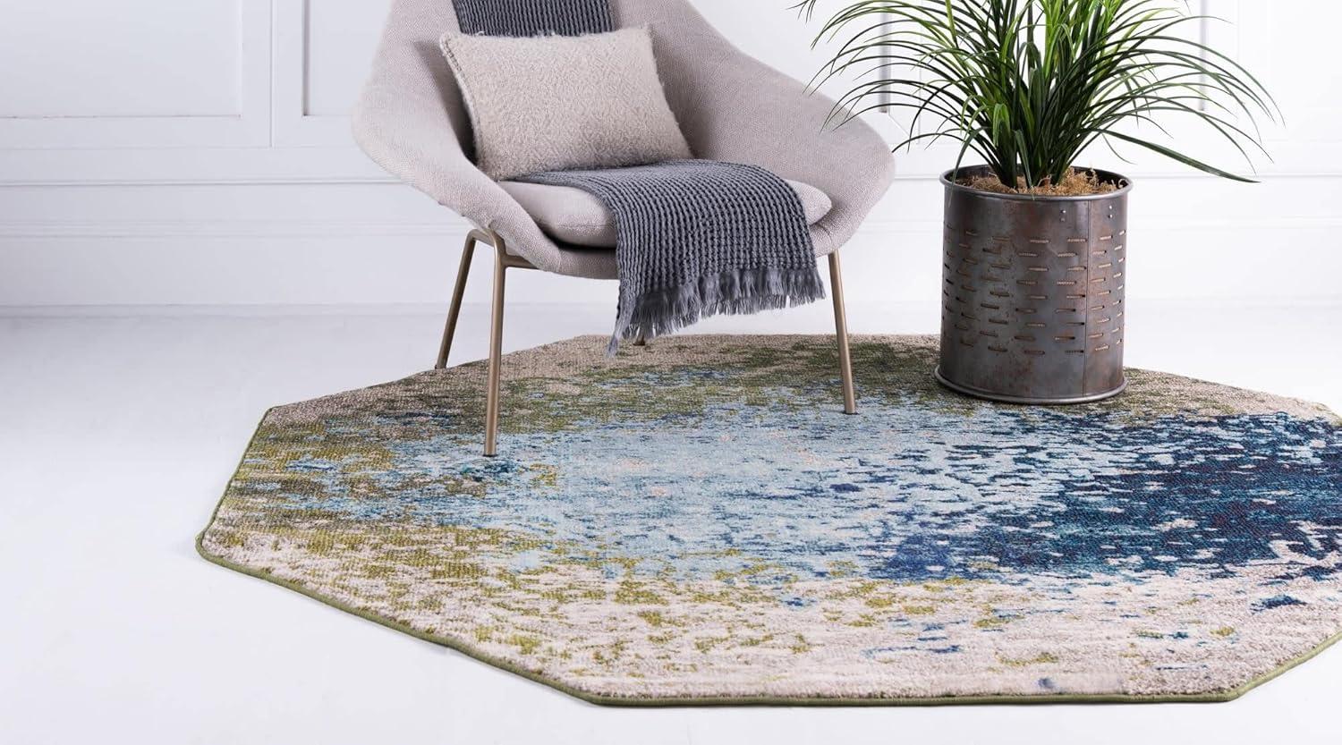 Blue Octagon Abstract Easy-Care Synthetic Area Rug