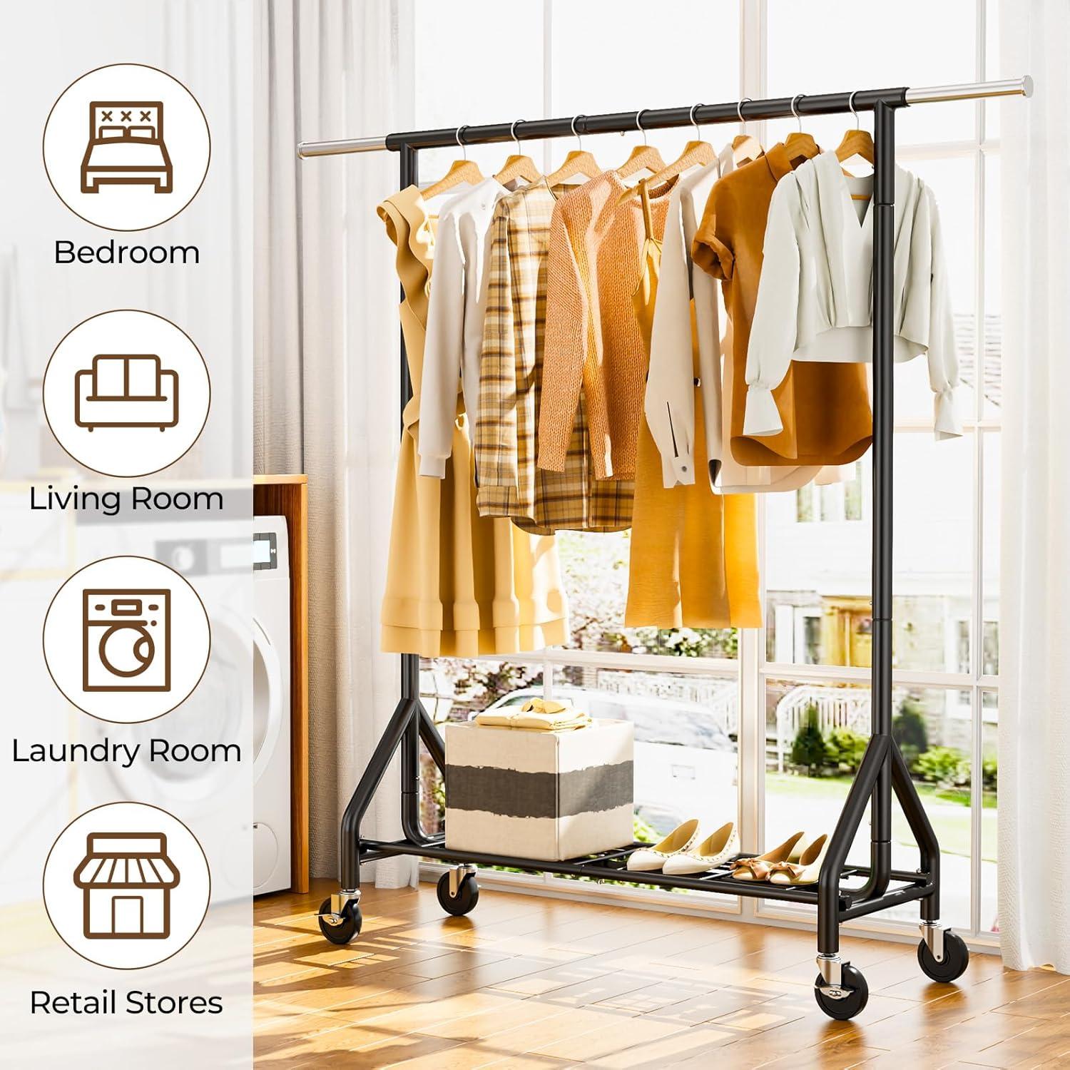 Heavy Duty Clothes Rack Load 450 LBS, Metal Garment Rack, Standing Rolling Clothing Rack for Hanging Clothes with Sturdy Wheels & Shelves, Portable Closet Wardrobe Rack,Sliver