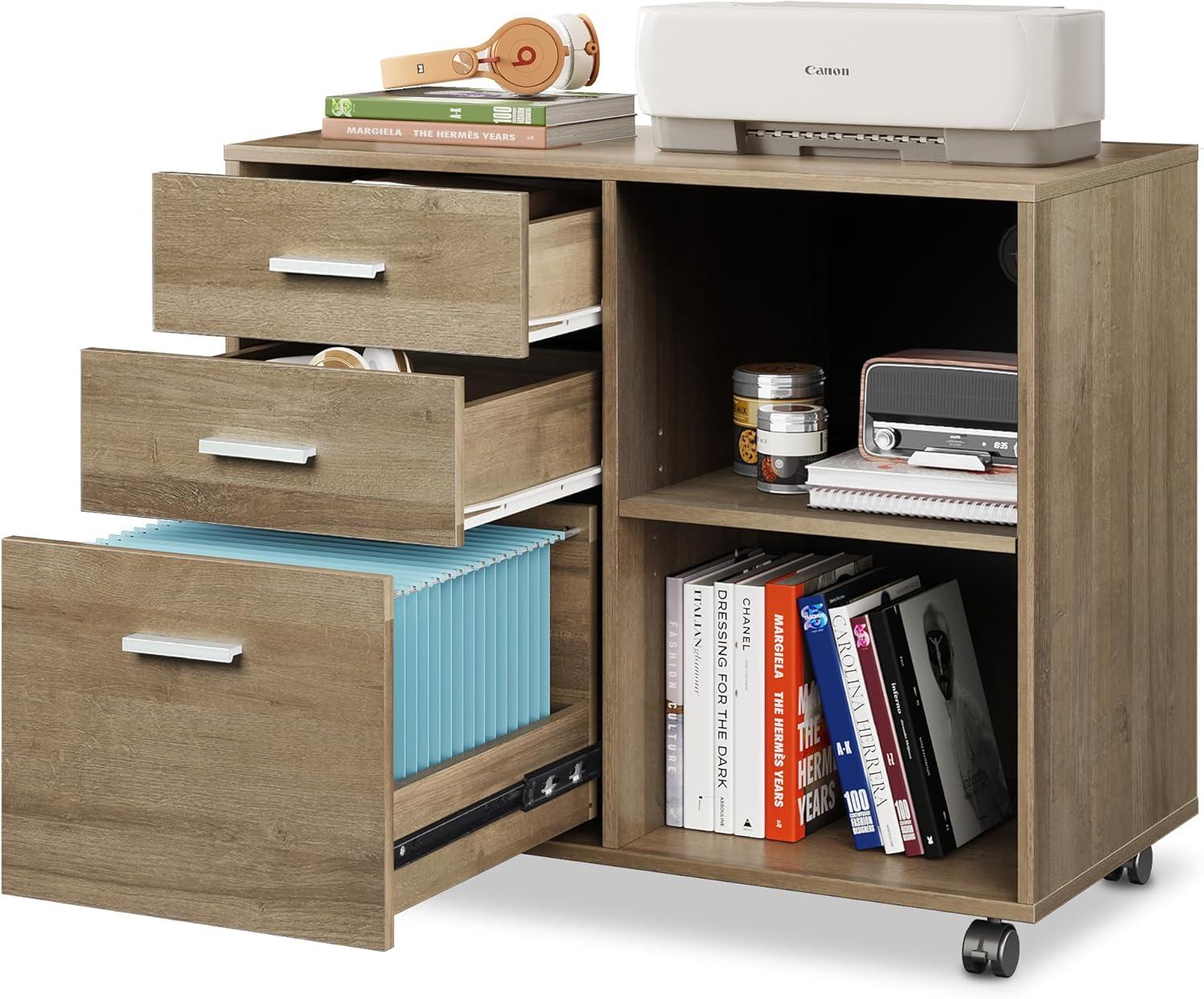 GALAXHERO 3-Drawer Wood Mobile File Cabinet, Lateral Filing Cabinet with Printer Stand and Open Shelves for Home Office, Gray Oak