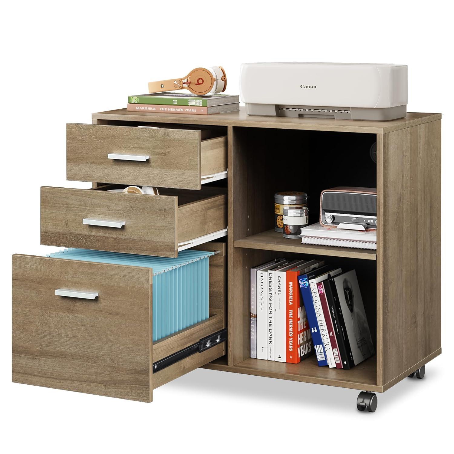 GALAXHERO 3-Drawer Wood Mobile File Cabinet, Lateral Filing Cabinet with Printer Stand and Open Shelves for Home Office, Gray Oak