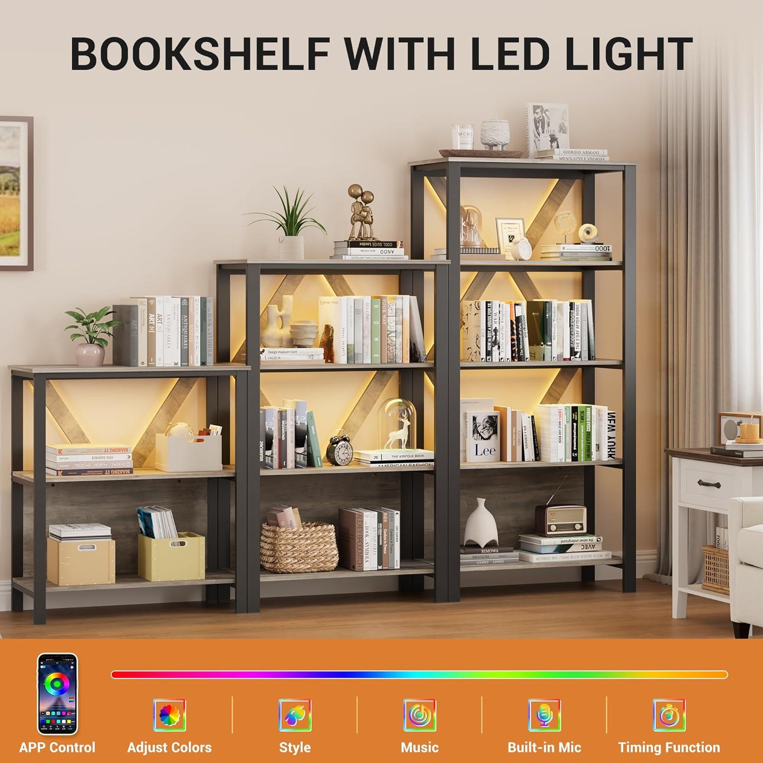 Danolapsi 3 Tier Bookshelf with LED Lights,Display Shelf with Lights,Bookcase with Open Display Shelves,Wood and Metal Standing Bookshelf with Storage Rack for Living Room Bedroom Home Office